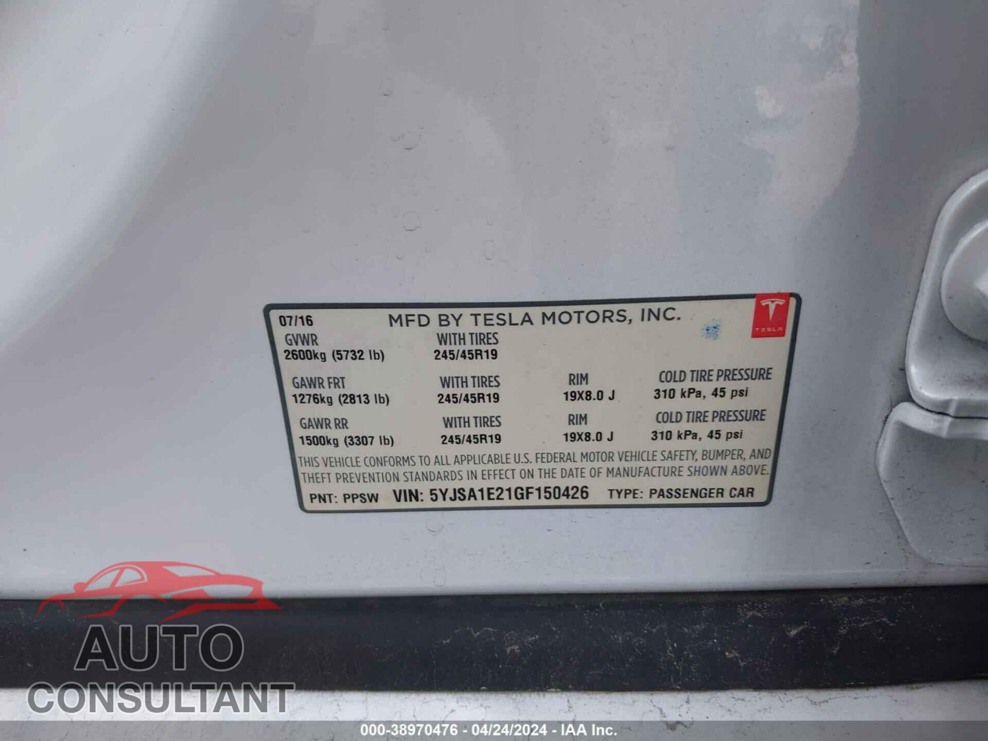 TESLA MODEL S 2016 - 5YJSA1E21GF150426