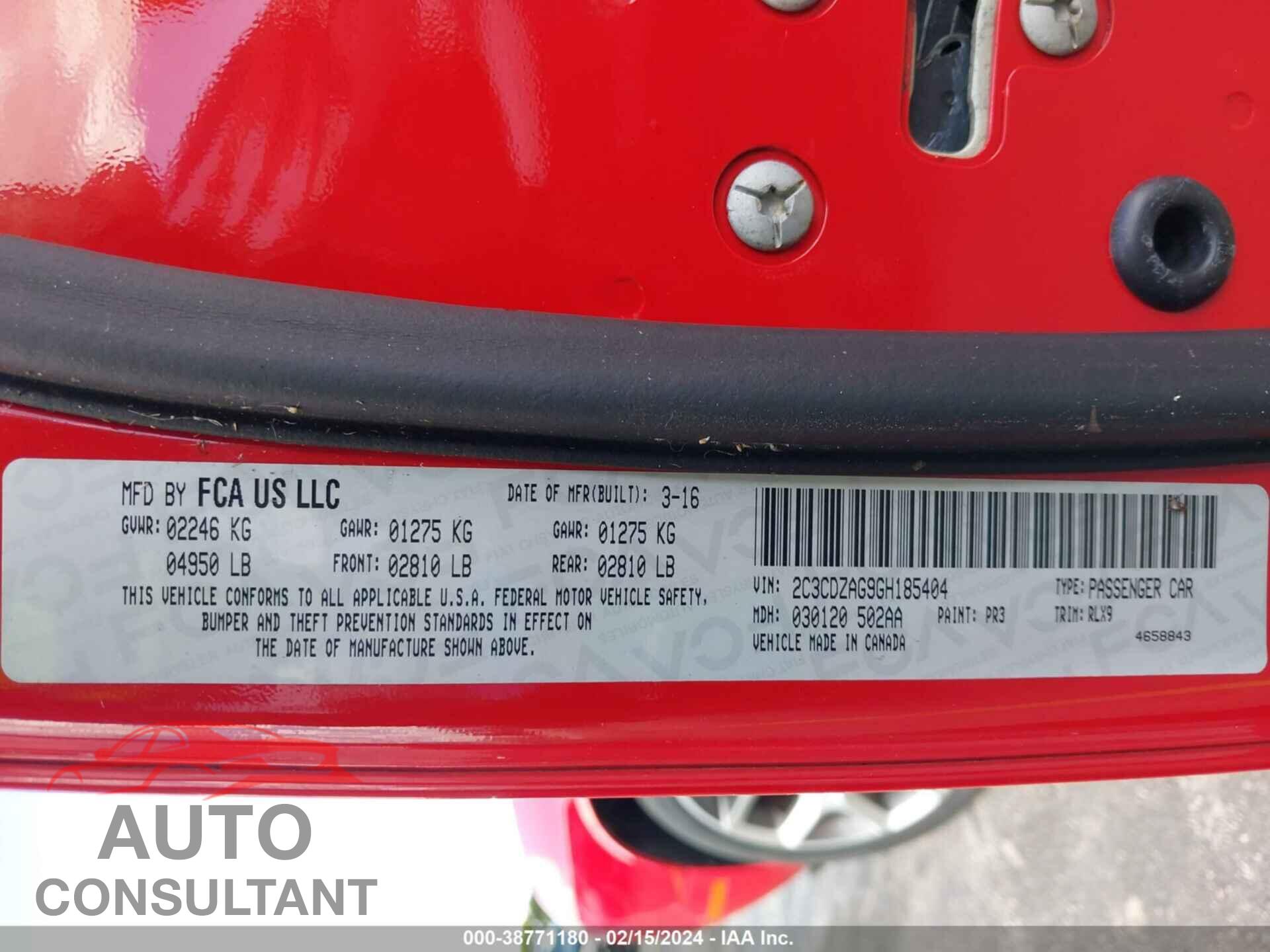 DODGE CHALLENGER 2016 - 2C3CDZAG9GH185404