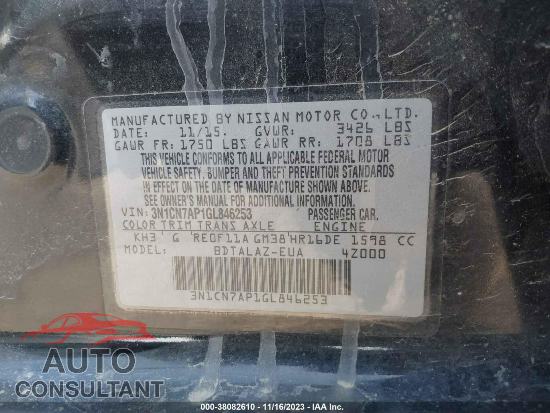 NISSAN VERSA 2016 - 3N1CN7AP1GL846253