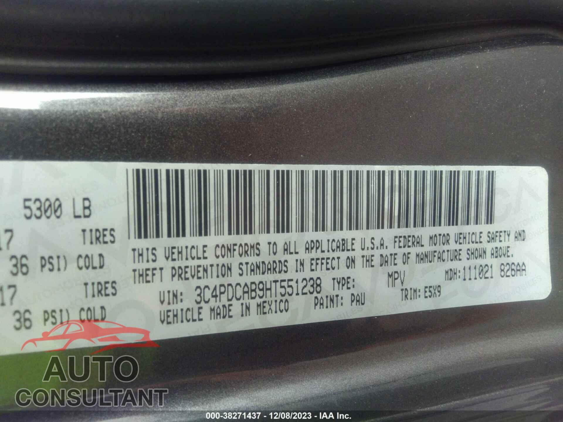 DODGE JOURNEY 2017 - 3C4PDCAB9HT551238