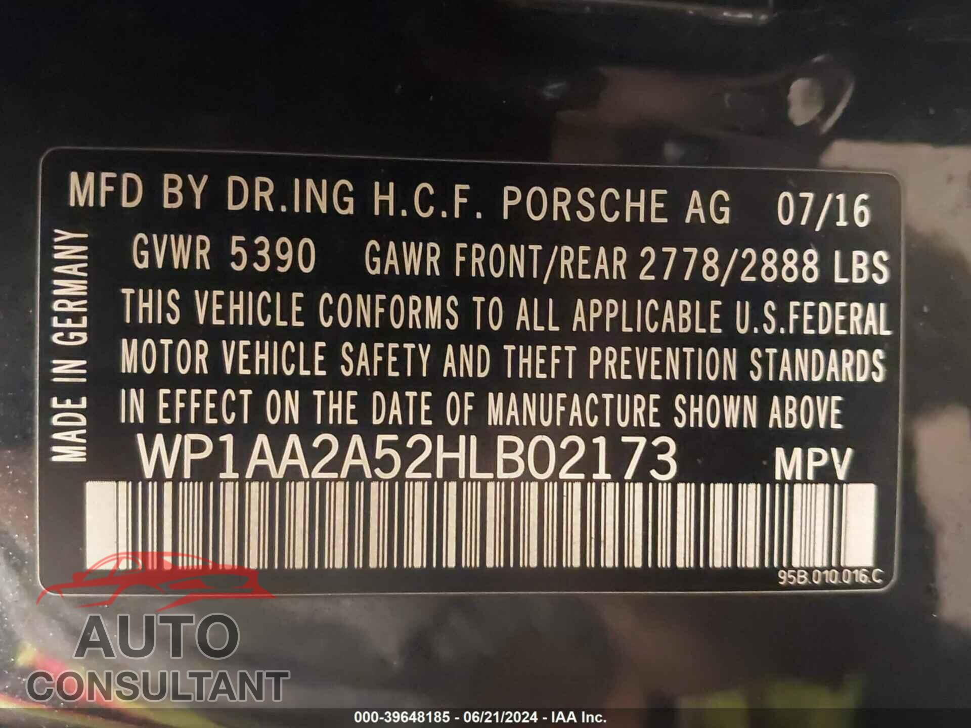 PORSCHE MACAN 2017 - WP1AA2A52HLB02173