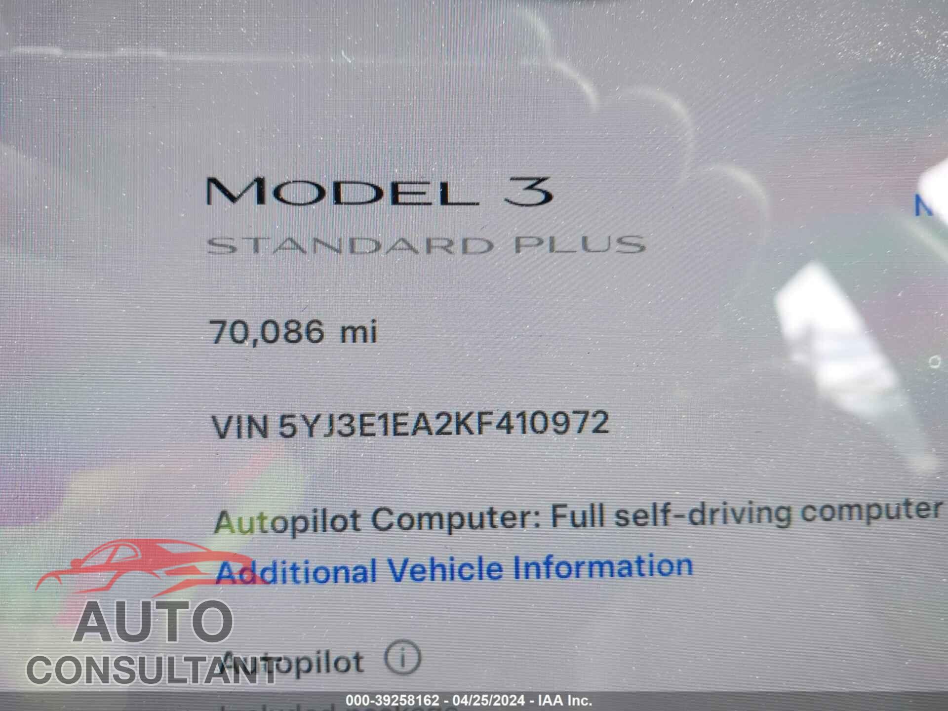 TESLA MODEL 3 2019 - 5YJ3E1EA2KF410972
