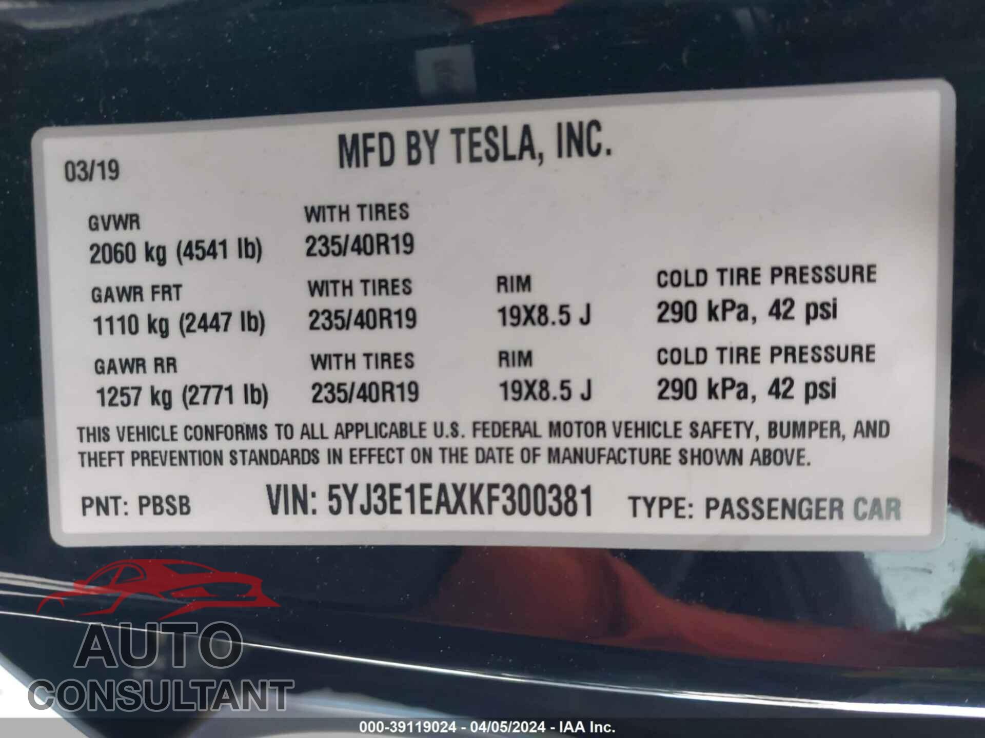 TESLA MODEL 3 2019 - 5YJ3E1EAXKF300381