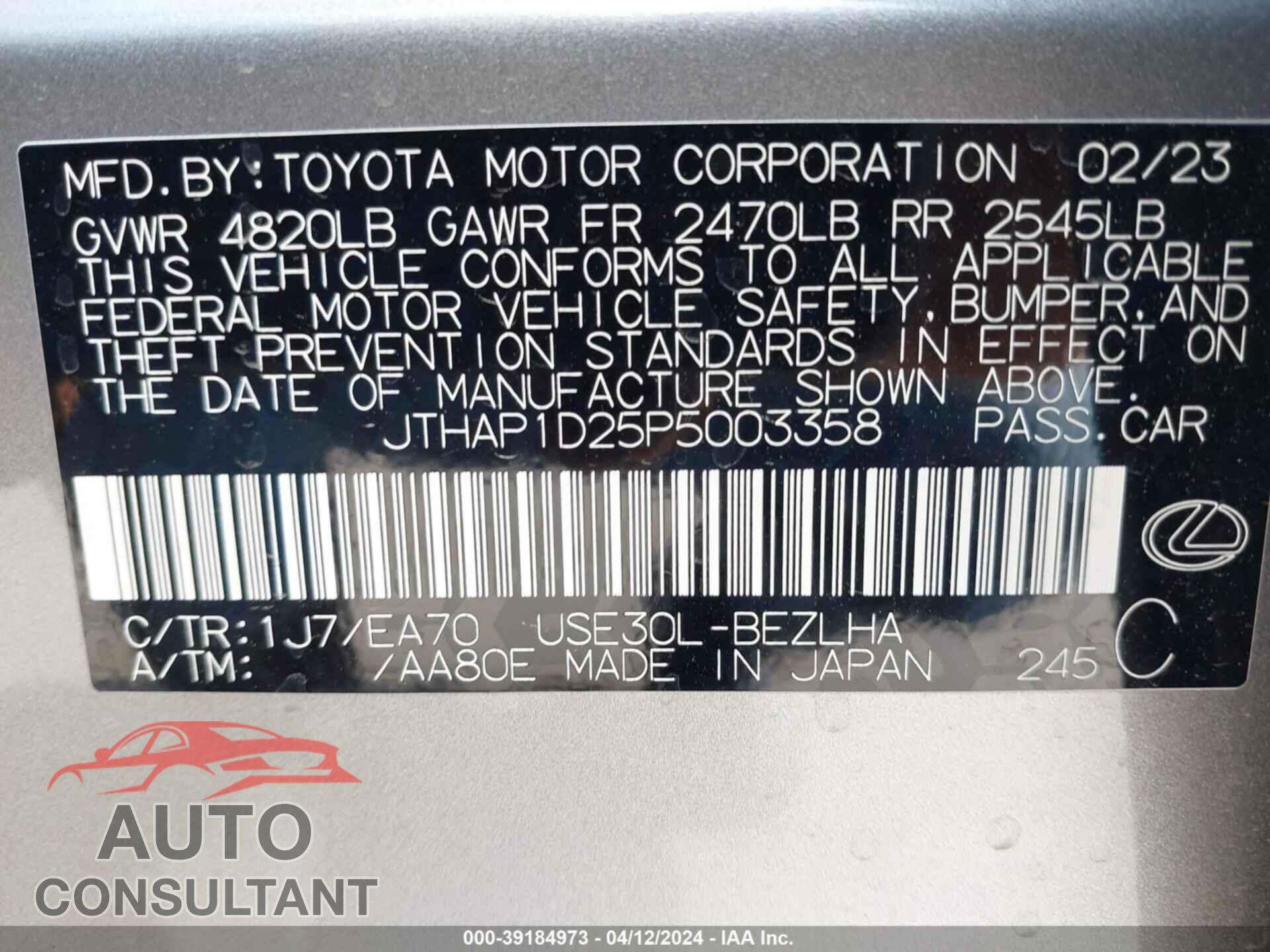 LEXUS IS 500 2023 - JTHAP1D25P5003358