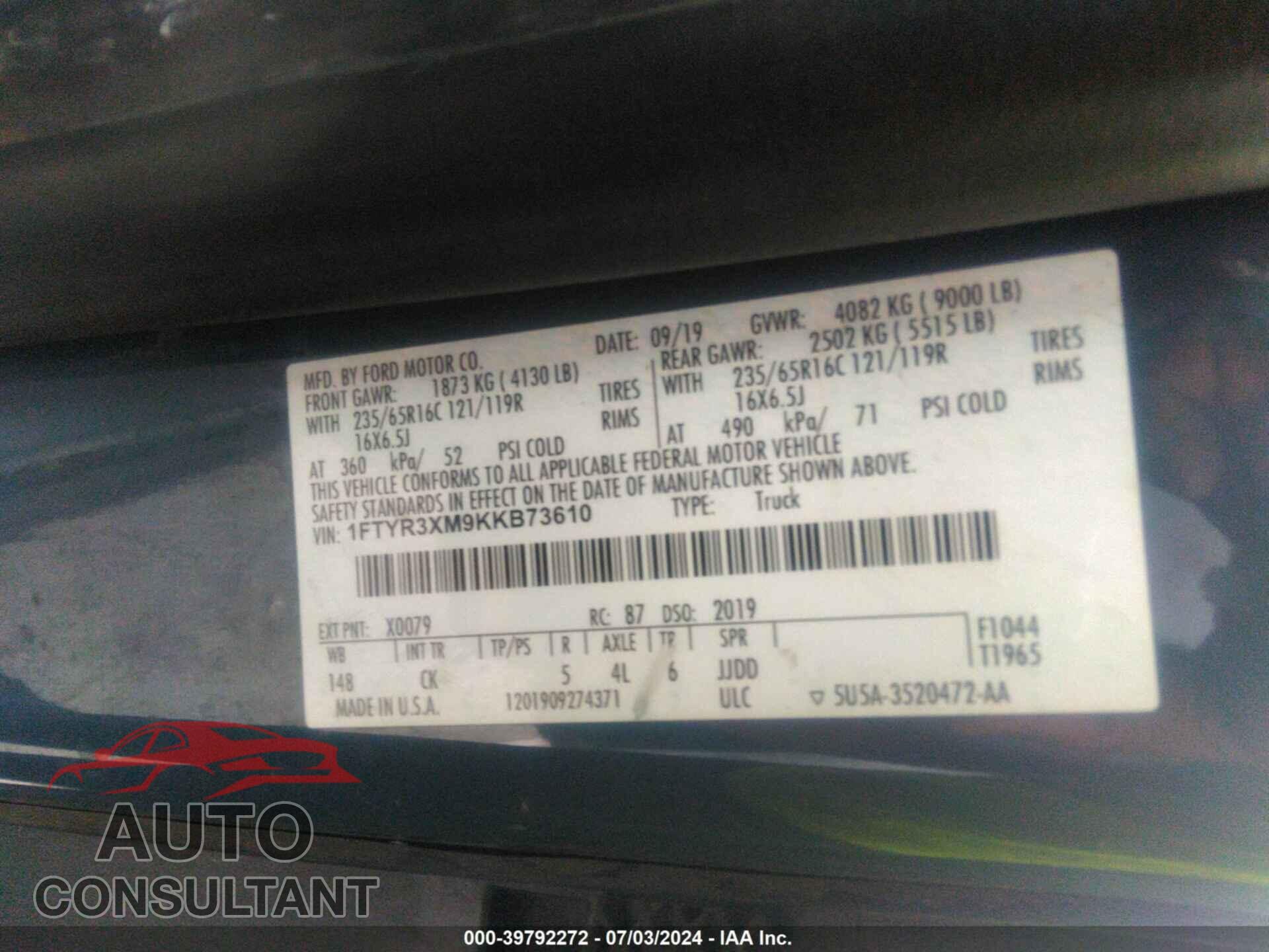FORD TRANSIT-250 2019 - 1FTYR3XM9KKB73610
