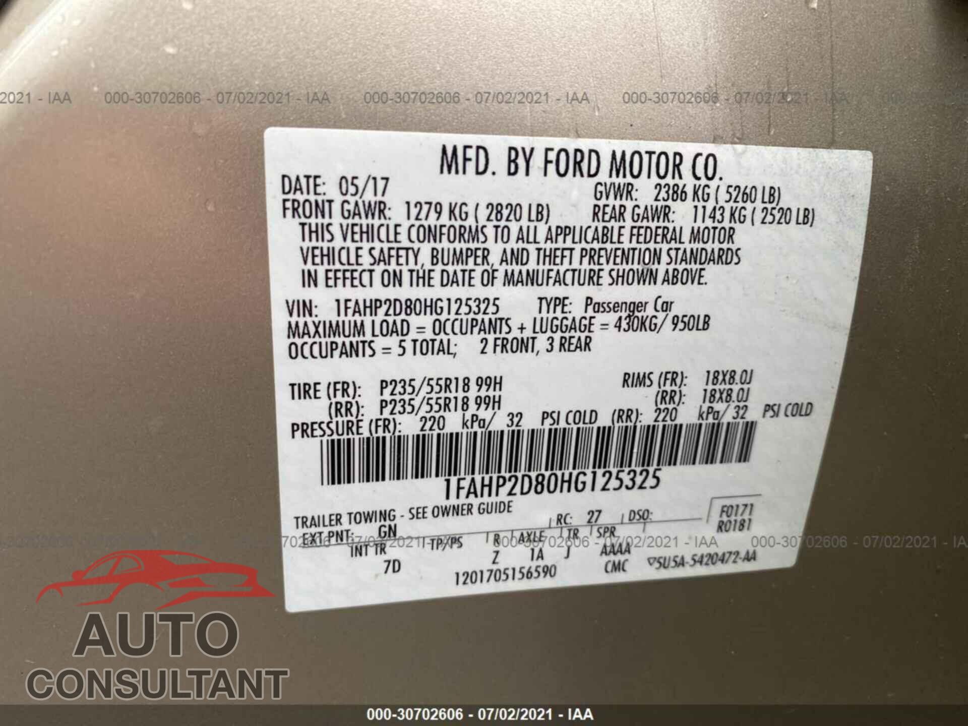 FORD TAURUS 2017 - 1FAHP2D80HG125325