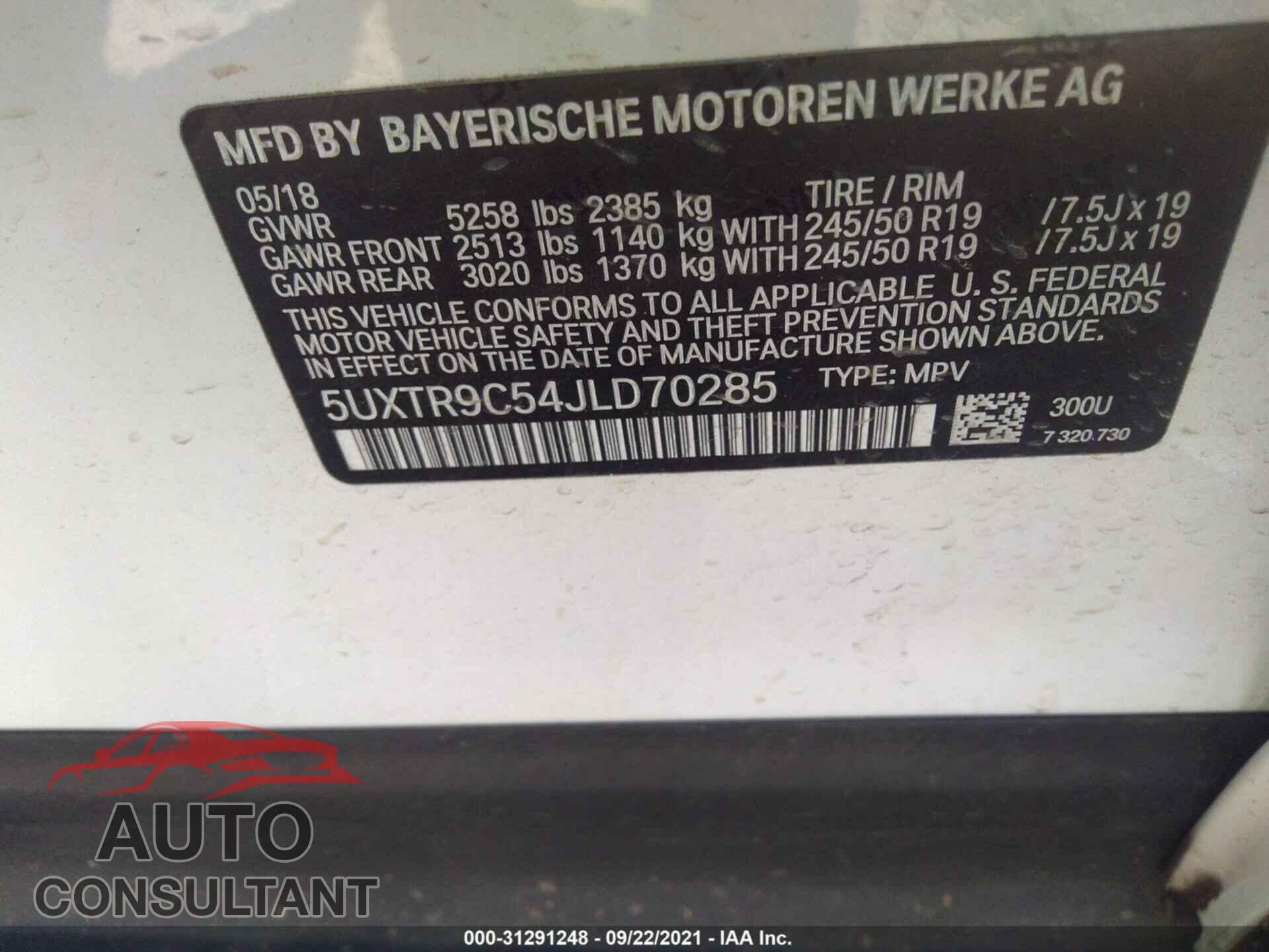 BMW X3 2018 - 5UXTR9C54JLD70285