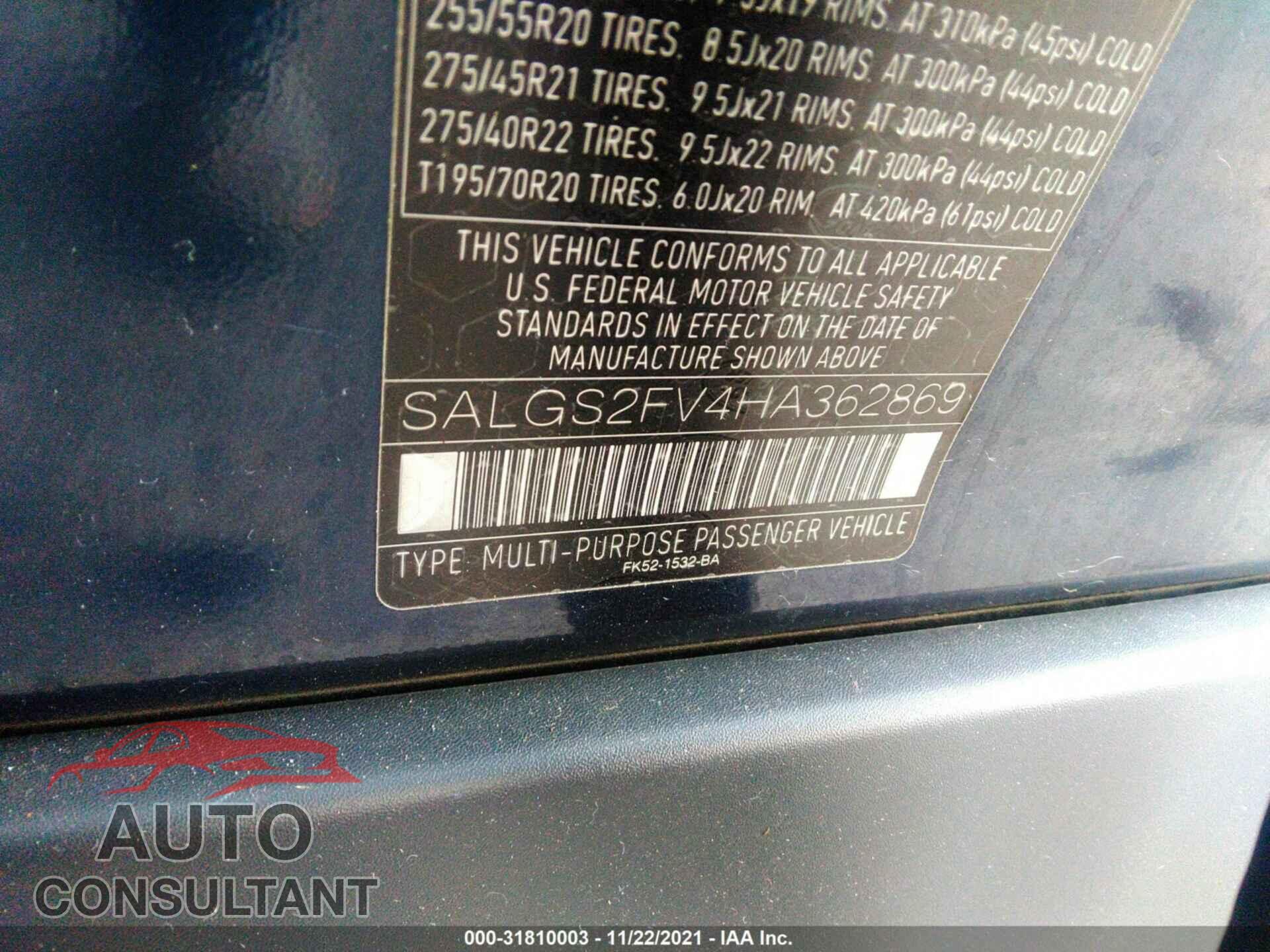 LAND ROVER RANGE ROVER 2017 - SALGS2FV4HA362869