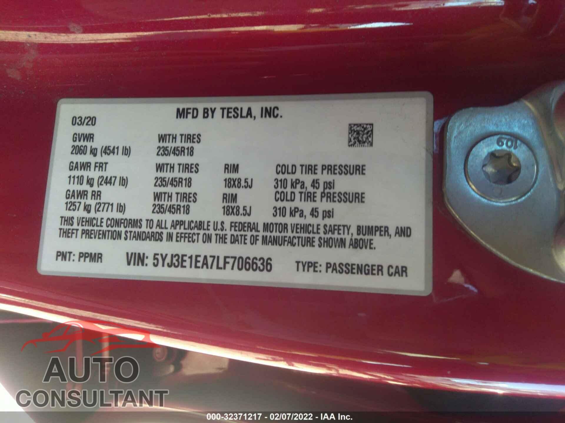 TESLA MODEL 3 2020 - 5YJ3E1EA7LF706636