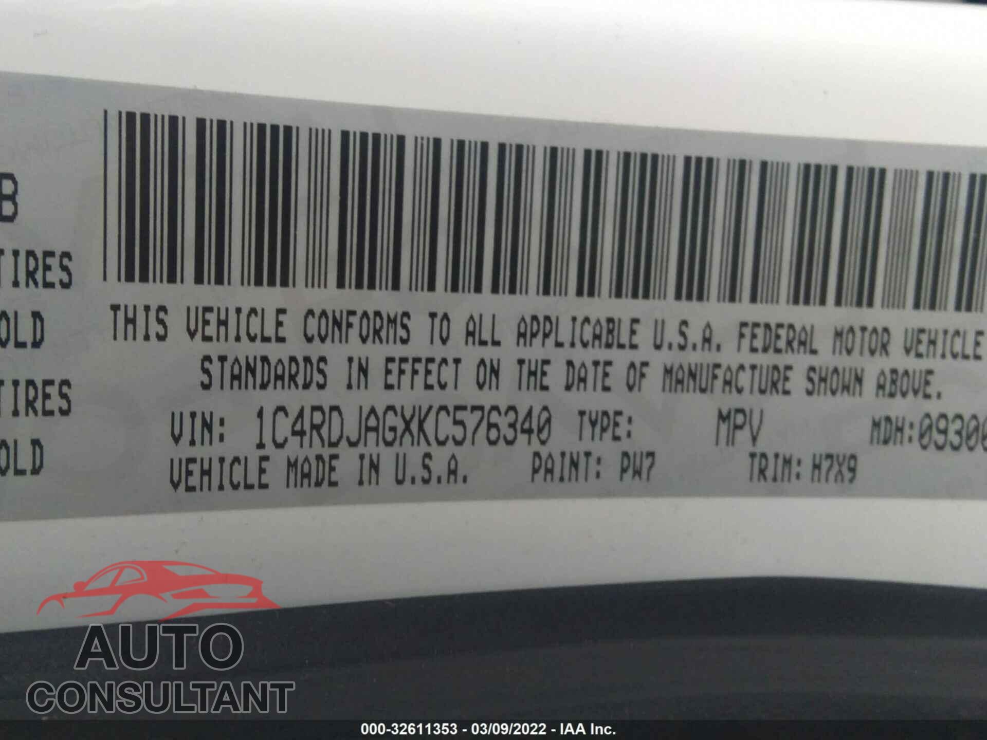 DODGE DURANGO 2019 - 1C4RDJAGXKC576340