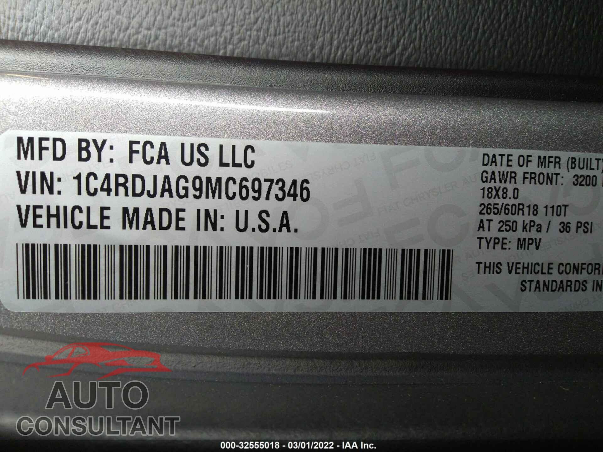 DODGE DURANGO 2021 - 1C4RDJAG9MC697346
