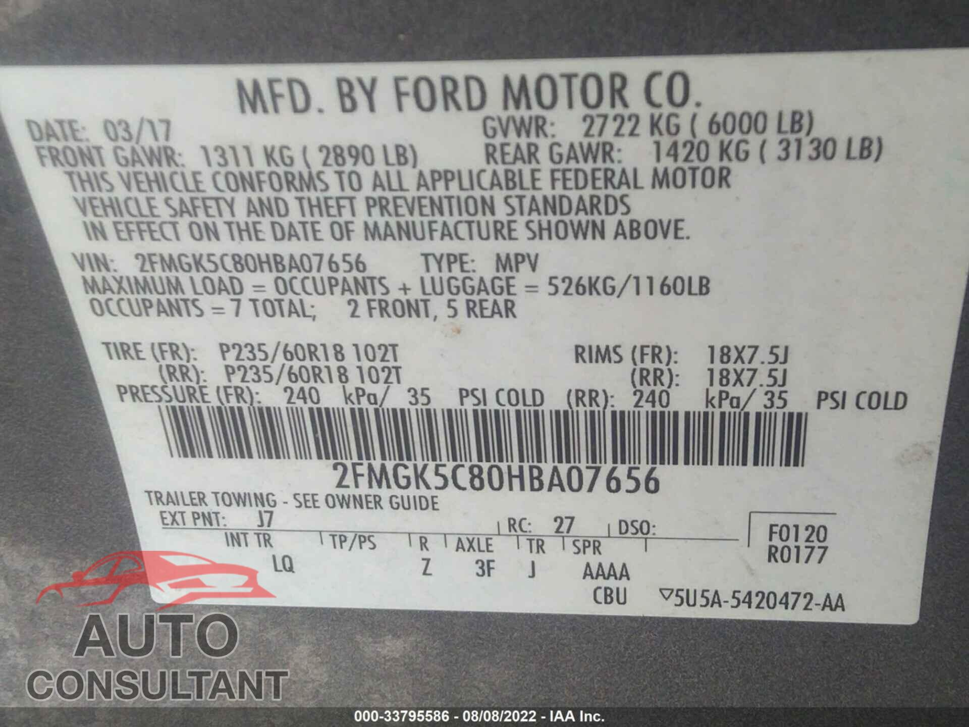 FORD FLEX 2017 - 2FMGK5C80HBA07656