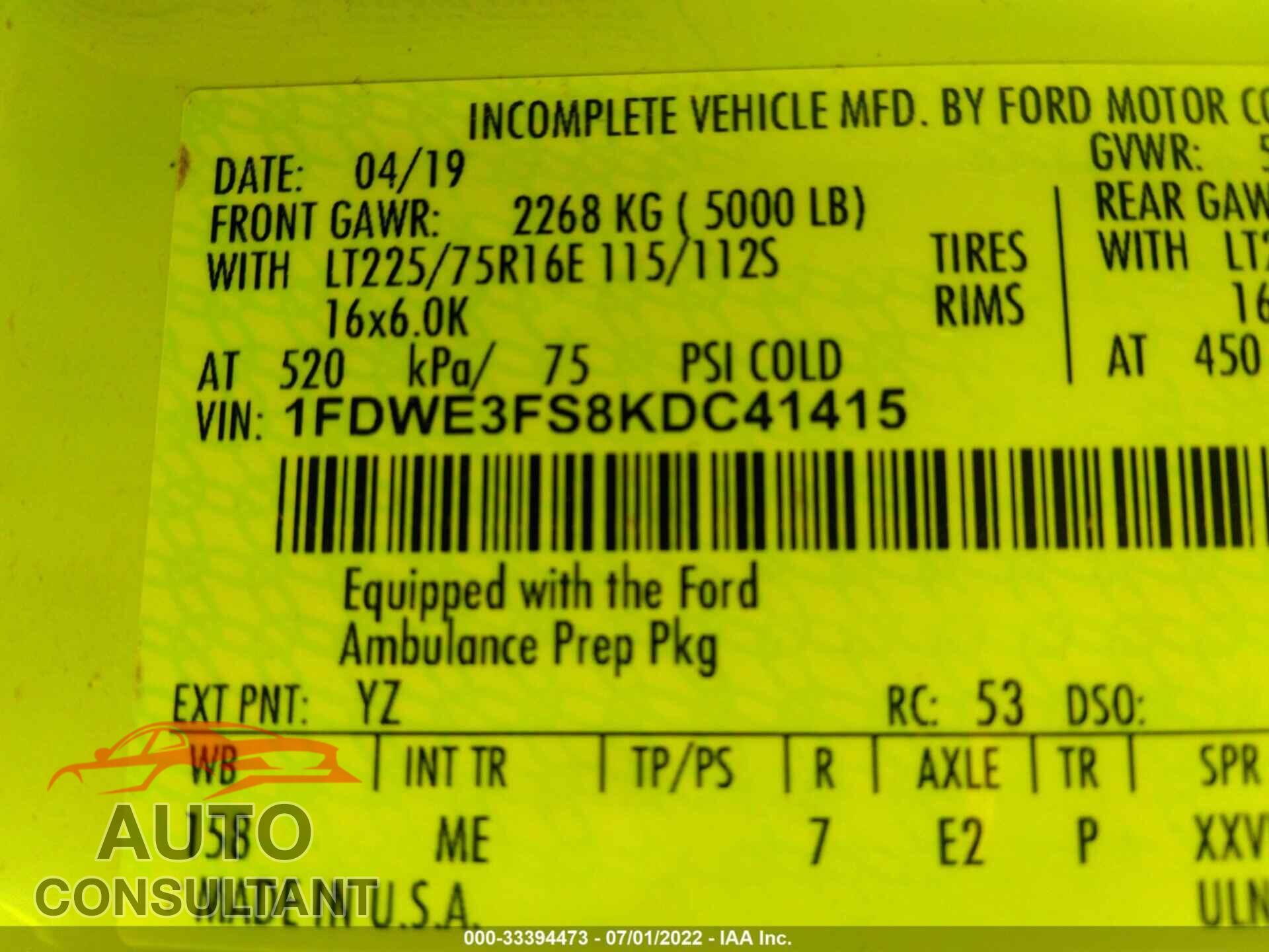 FORD E-SERIES CUTAWAY 2019 - 1FDWE3FS8KDC41415