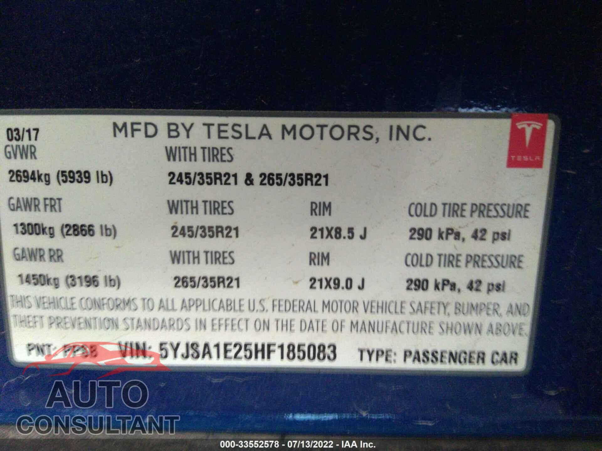 TESLA MODEL S 2017 - 5YJSA1E25HF185083