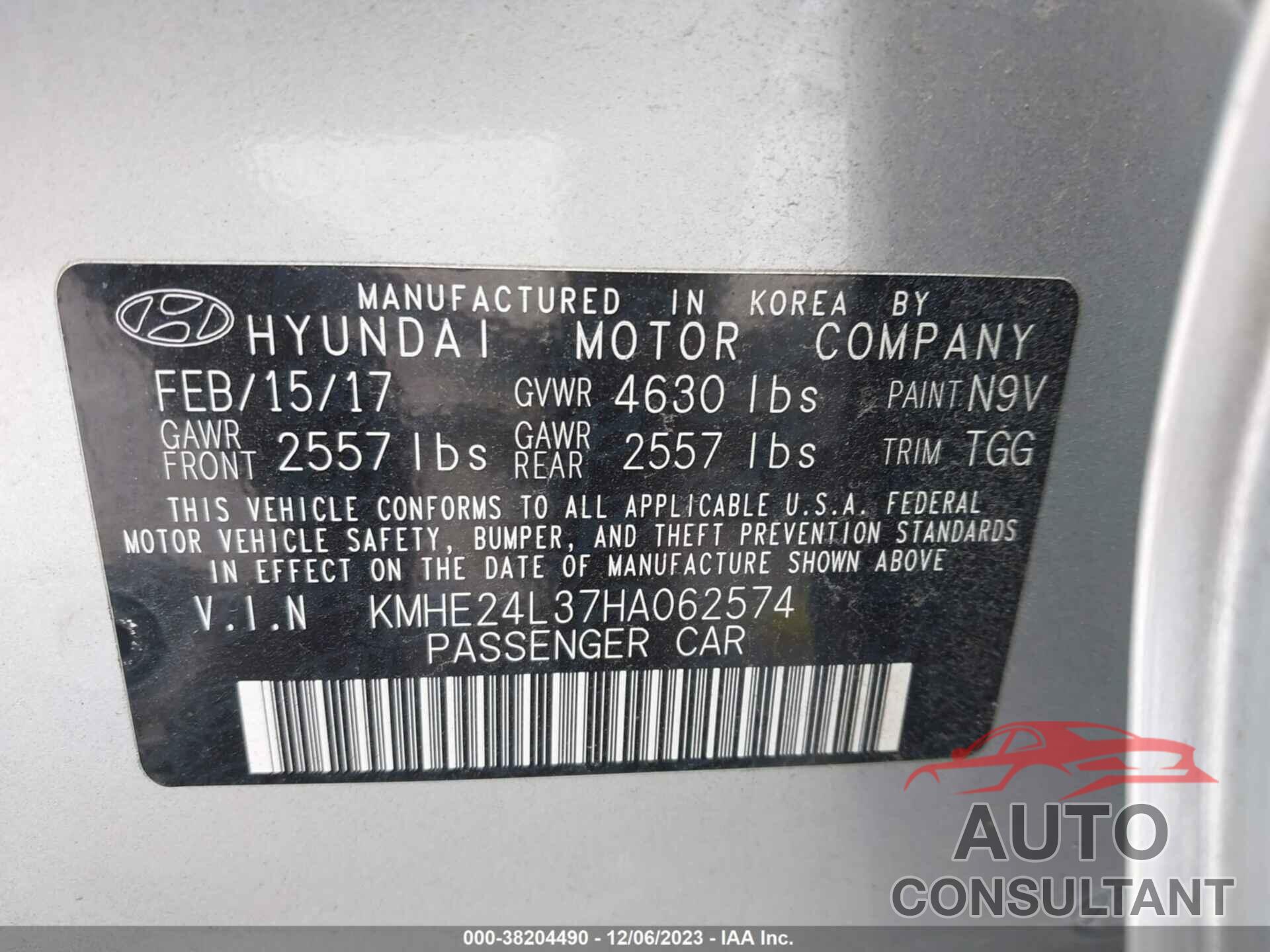 HYUNDAI SONATA HYBRID 2017 - KMHE24L37HA062574