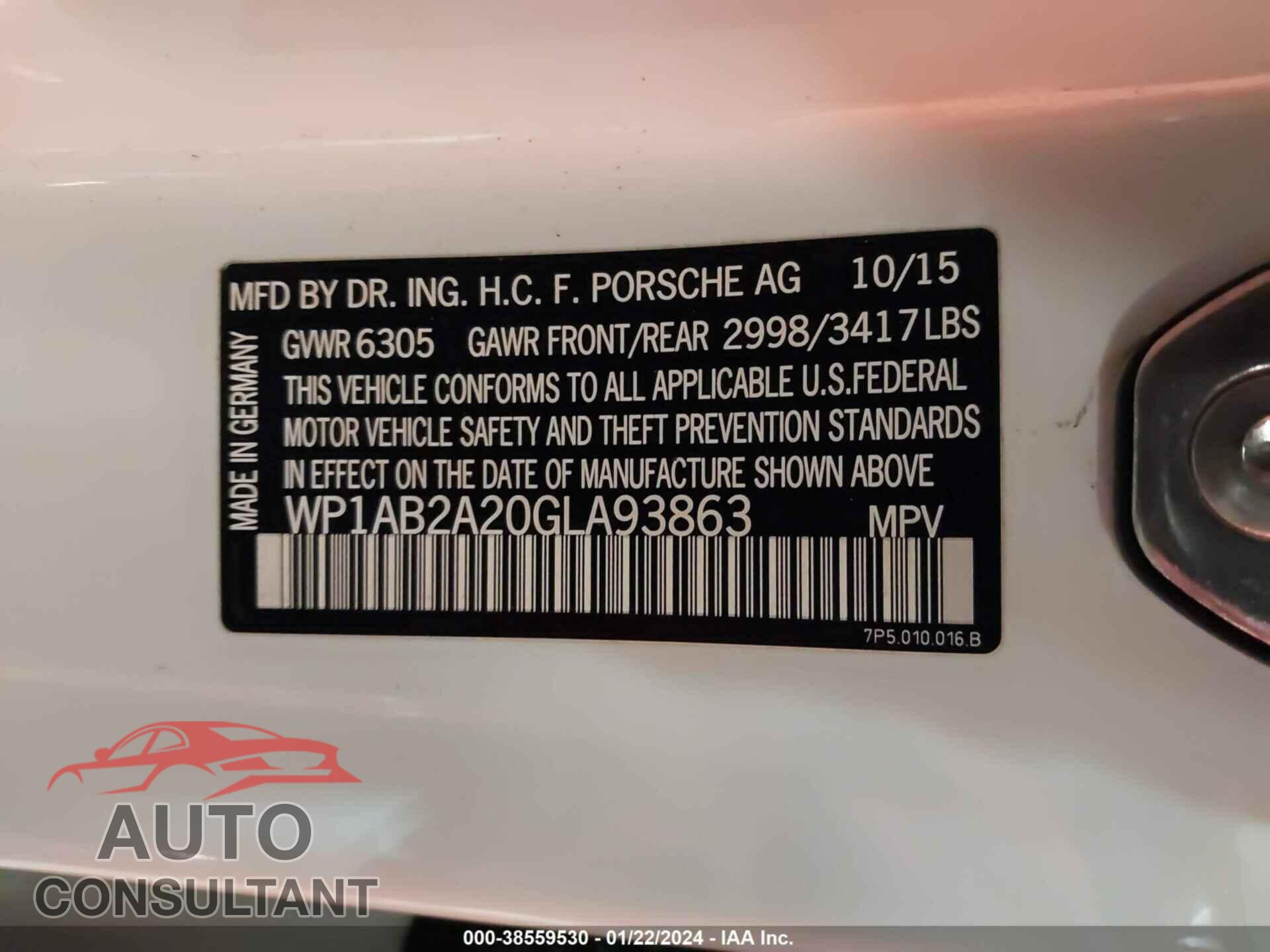 PORSCHE CAYENNE 2016 - WP1AB2A20GLA93863