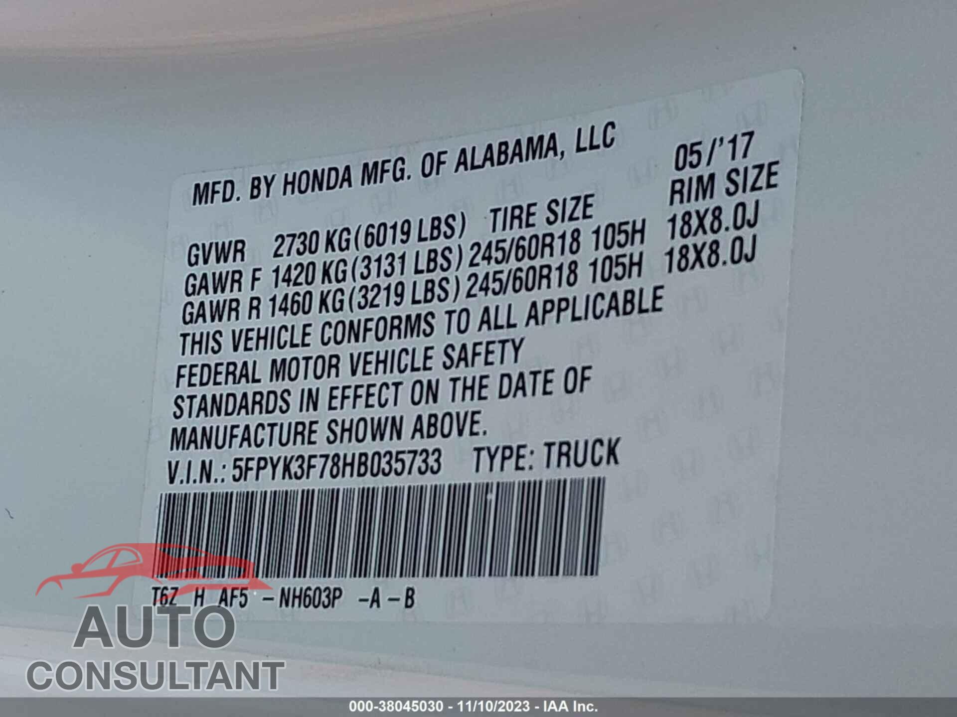 HONDA RIDGELINE 2017 - 5FPYK3F78HB035733