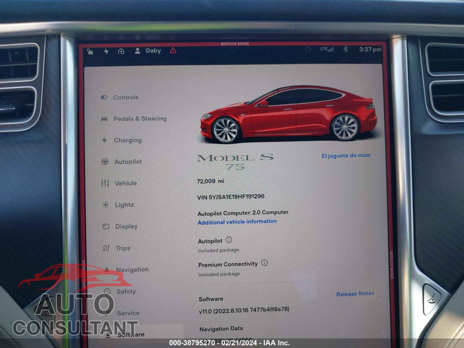 TESLA MODEL S 2017 - 5YJSA1E19HF191296