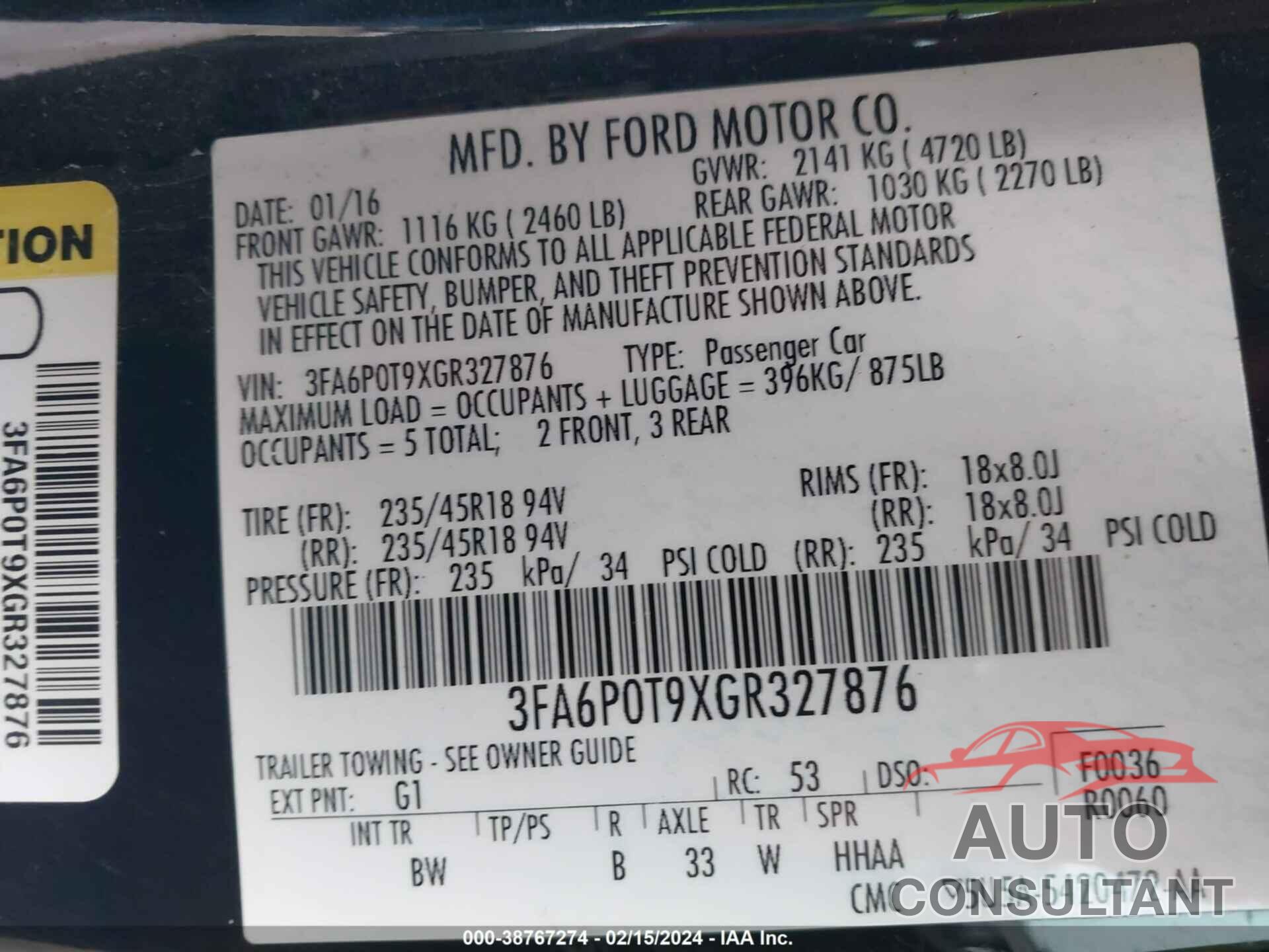 FORD FUSION 2016 - 3FA6P0T9XGR327876