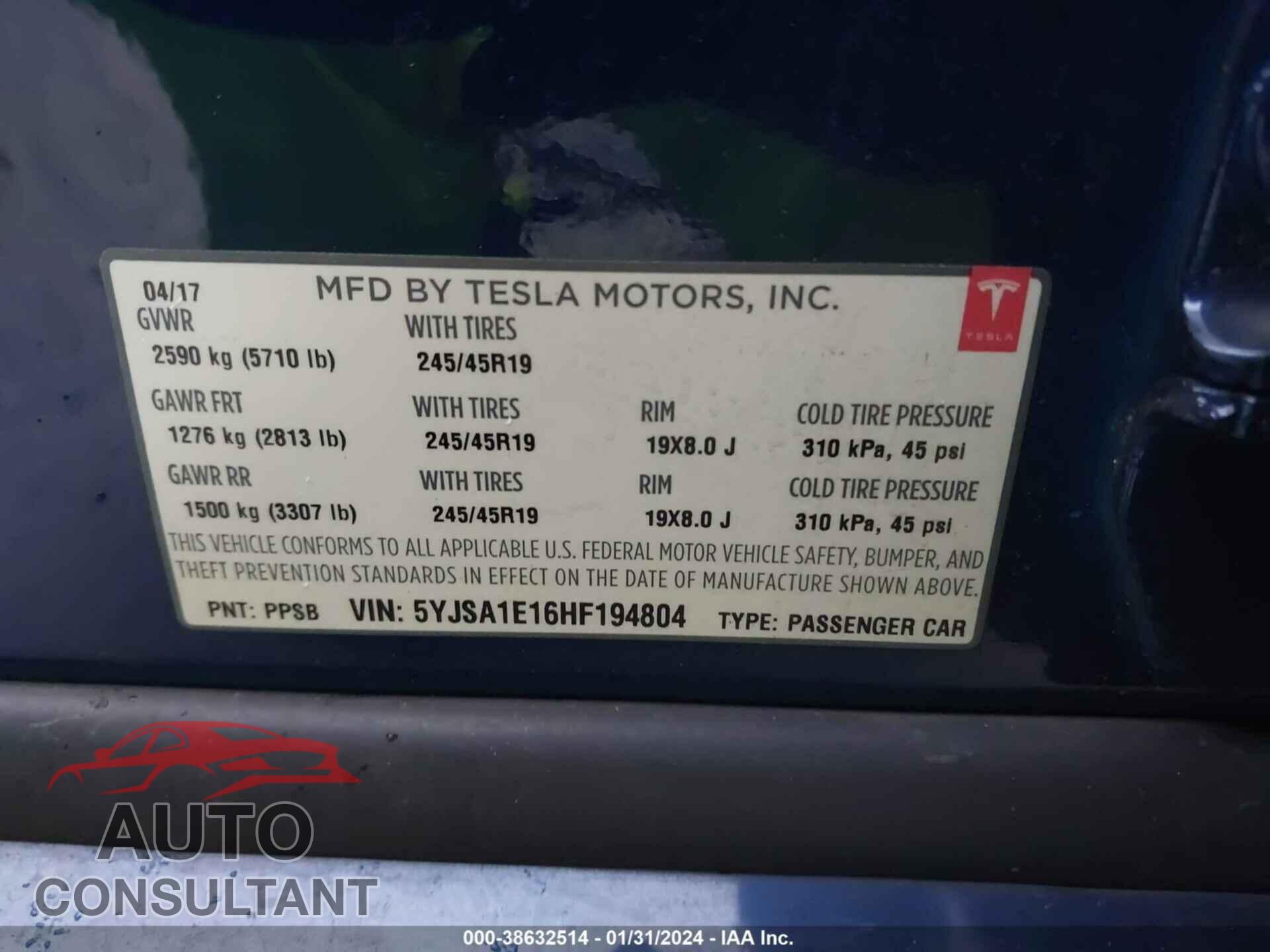 TESLA MODEL S 2017 - 5YJSA1E16HF194804