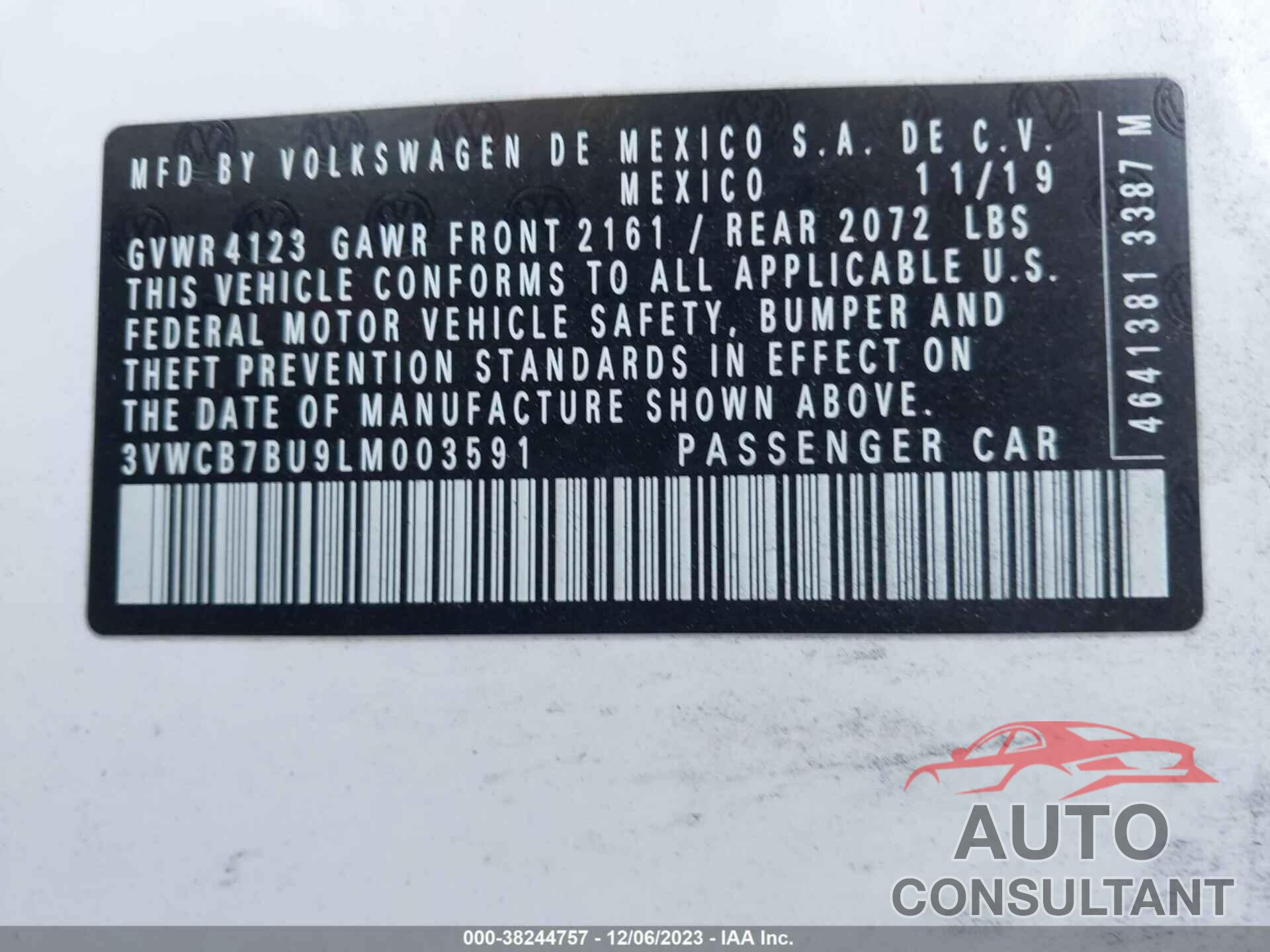 VOLKSWAGEN JETTA 2020 - 3VWCB7BU9LM003591