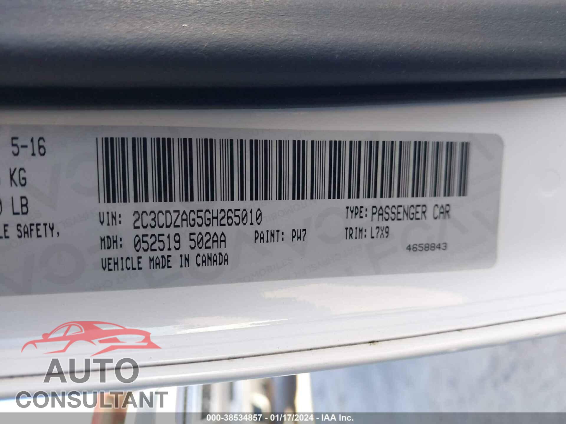 DODGE CHALLENGER 2016 - 2C3CDZAG5GH265010