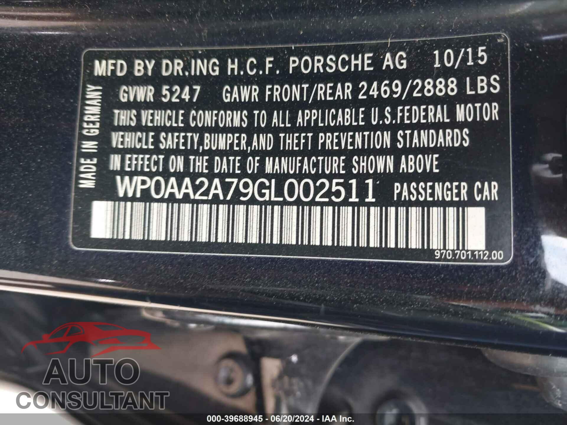 PORSCHE PANAMERA 2016 - WP0AA2A79GL002511