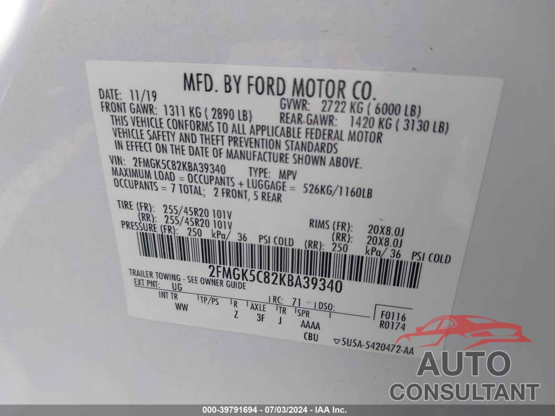 FORD FLEX 2019 - 2FMGK5C82KBA39340
