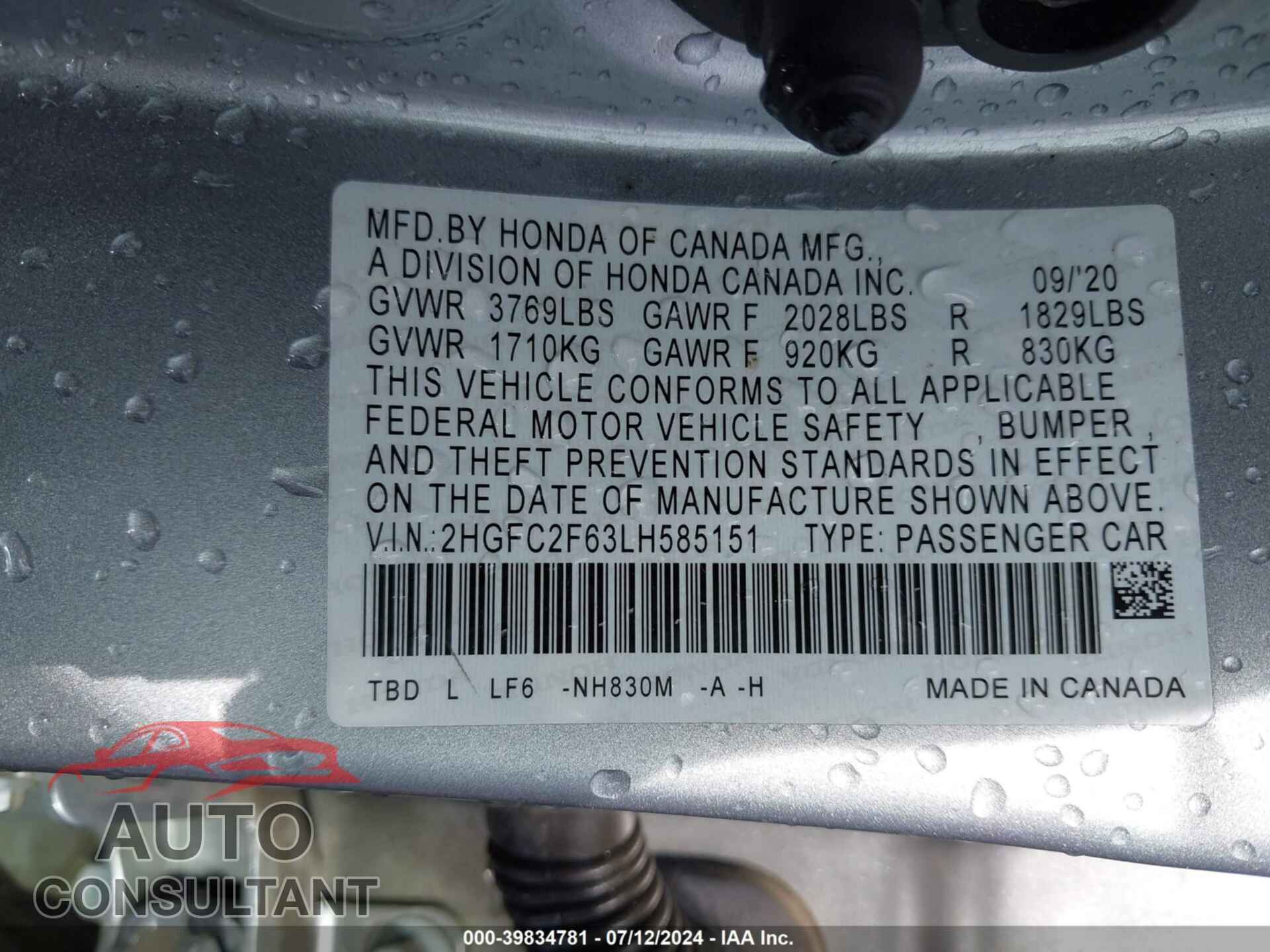 HONDA CIVIC 2020 - 2HGFC2F63LH585151