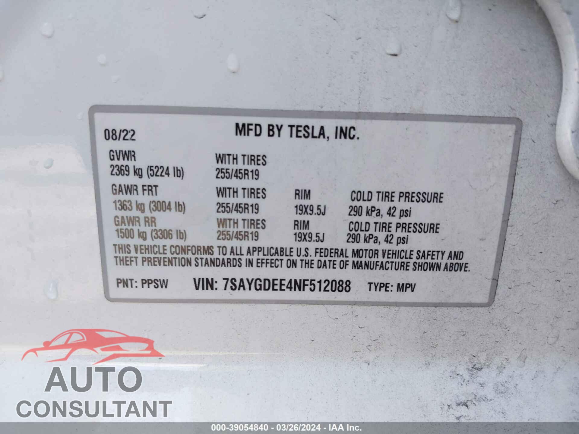 TESLA MODEL Y 2022 - 7SAYGDEE4NF512088