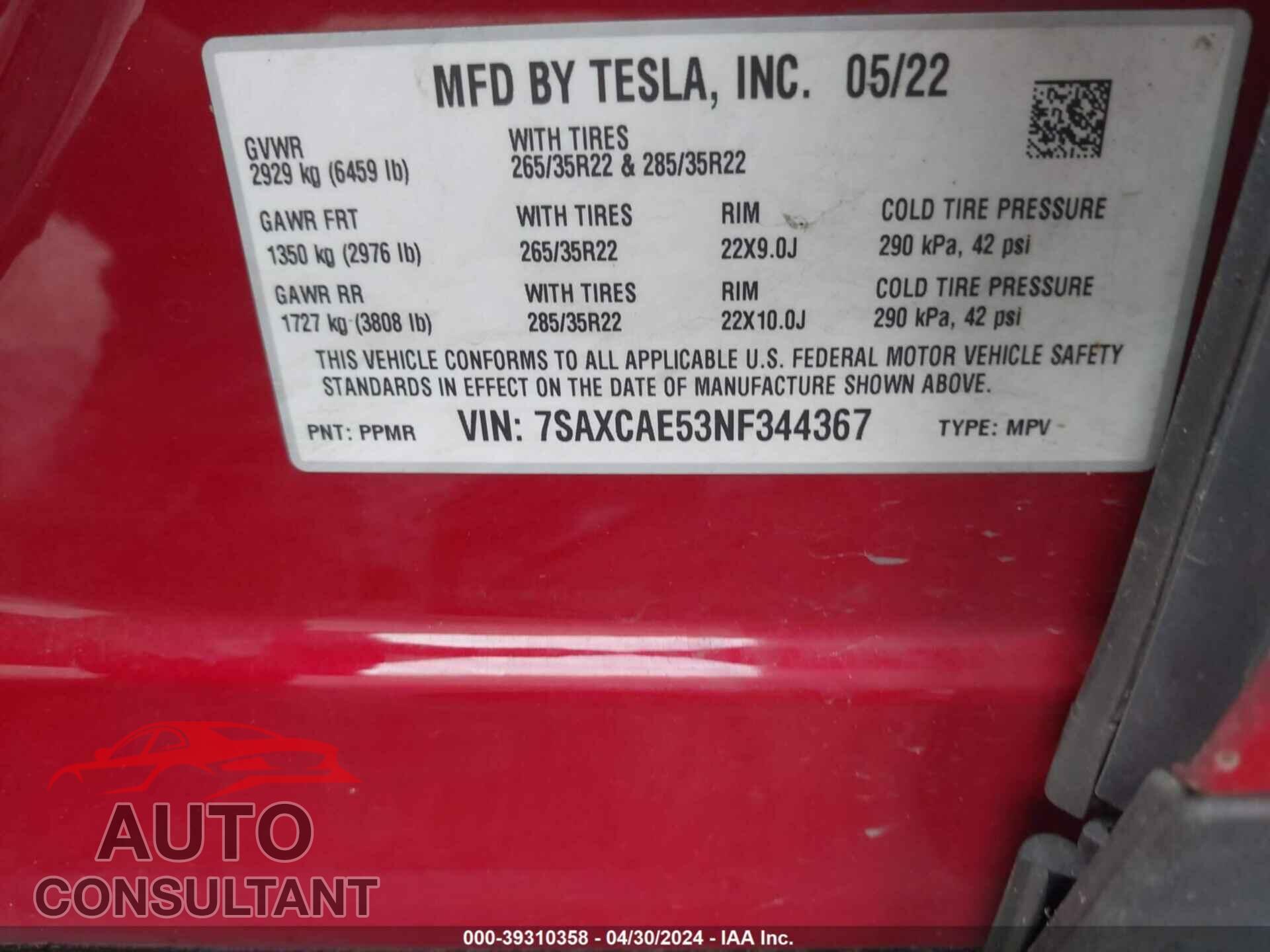 TESLA MODEL X 2022 - 7SAXCAE53NF344367