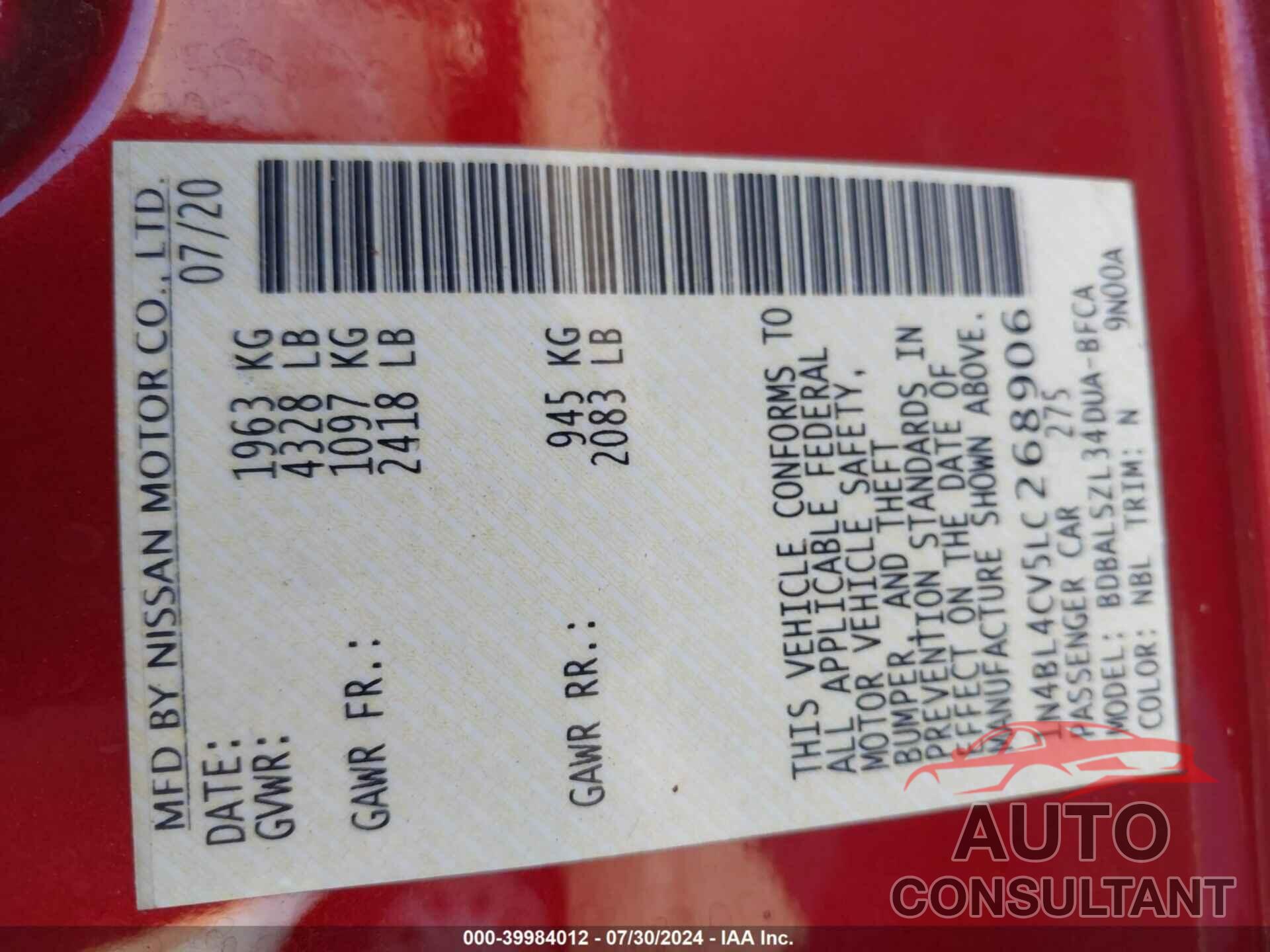 NISSAN ALTIMA 2020 - 1N4BL4CV5LC268906