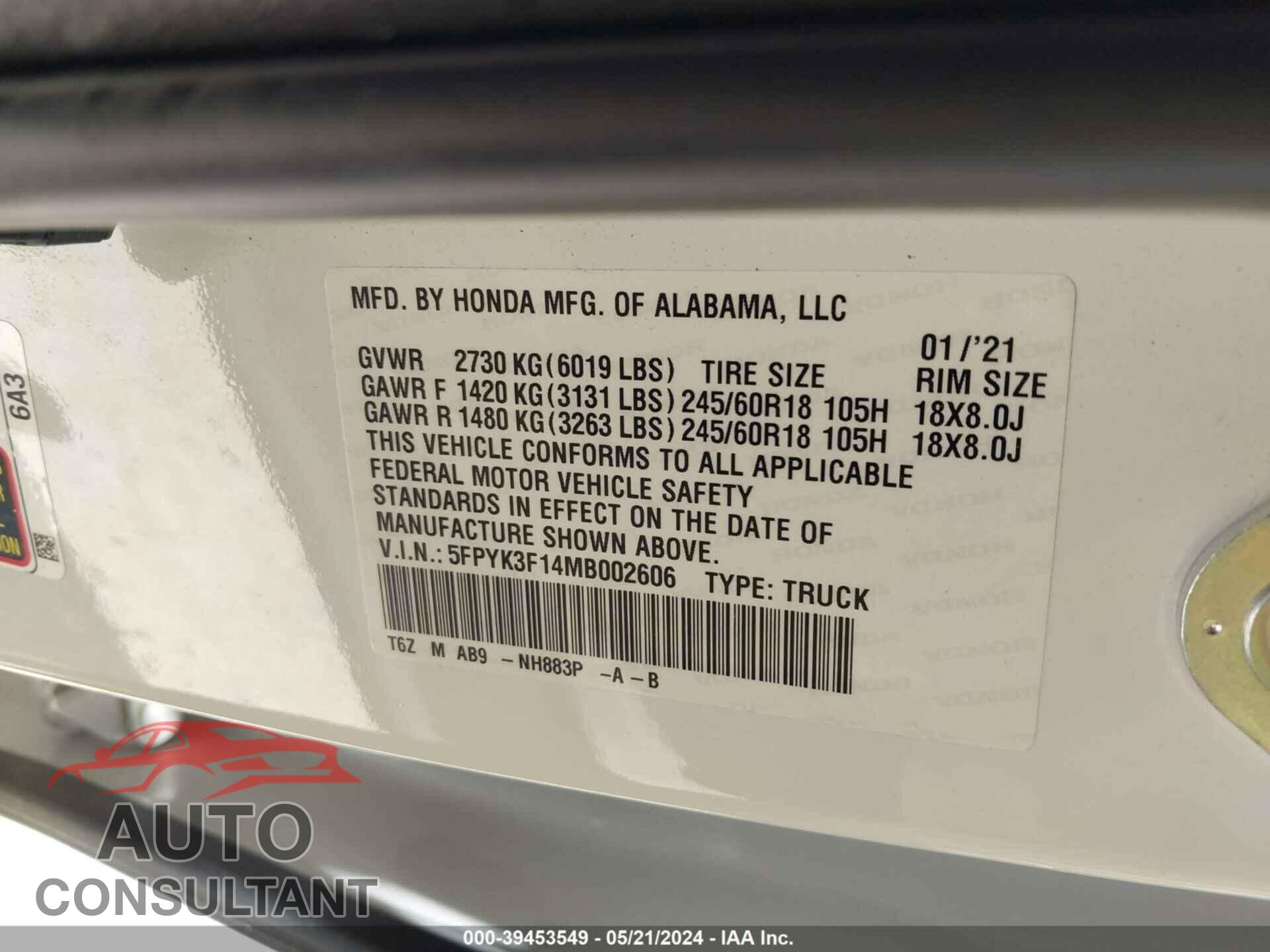 HONDA RIDGELINE 2021 - 5FPYK3F14MB002606