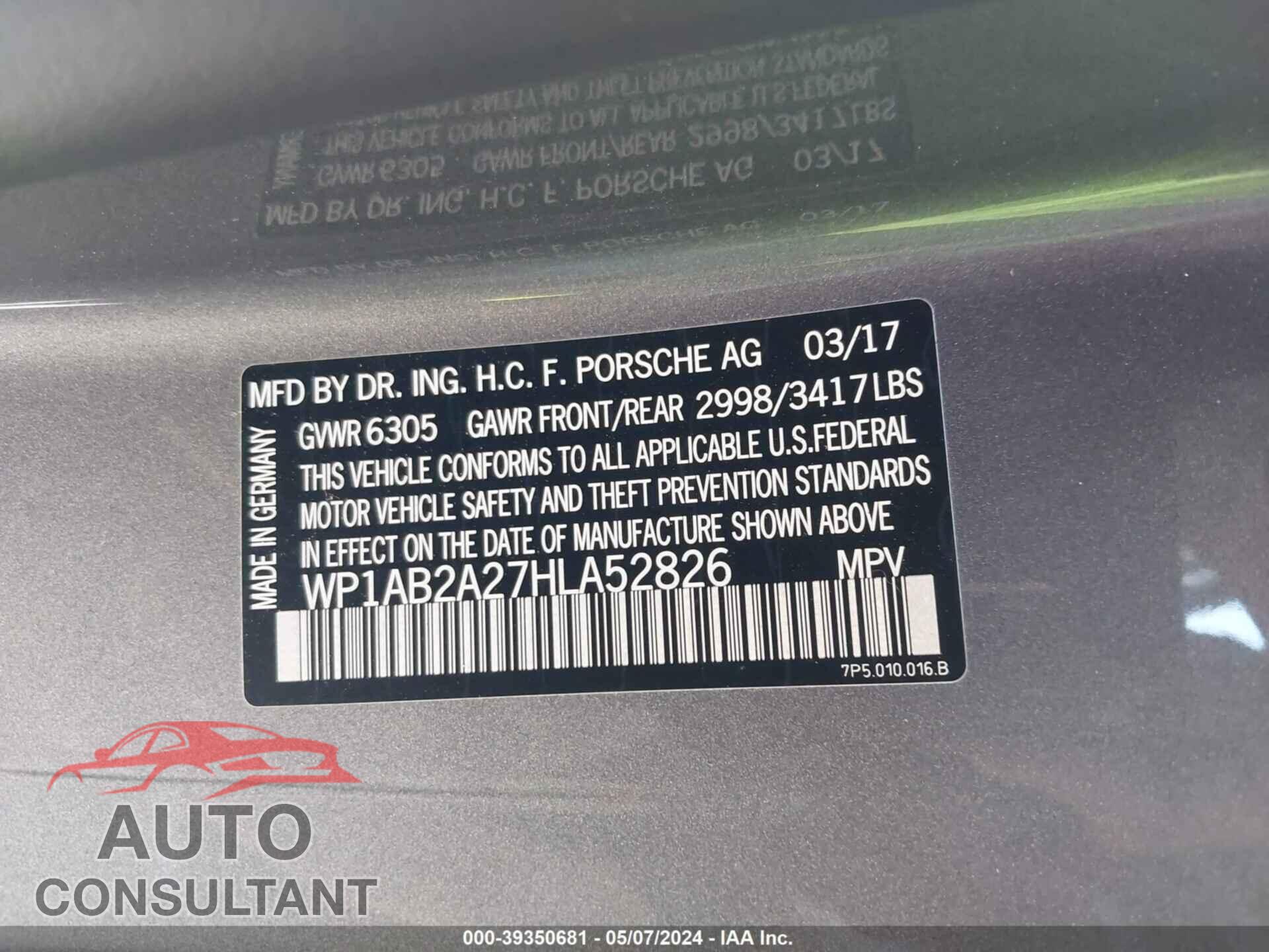 PORSCHE CAYENNE 2017 - WP1AB2A27HLA52826