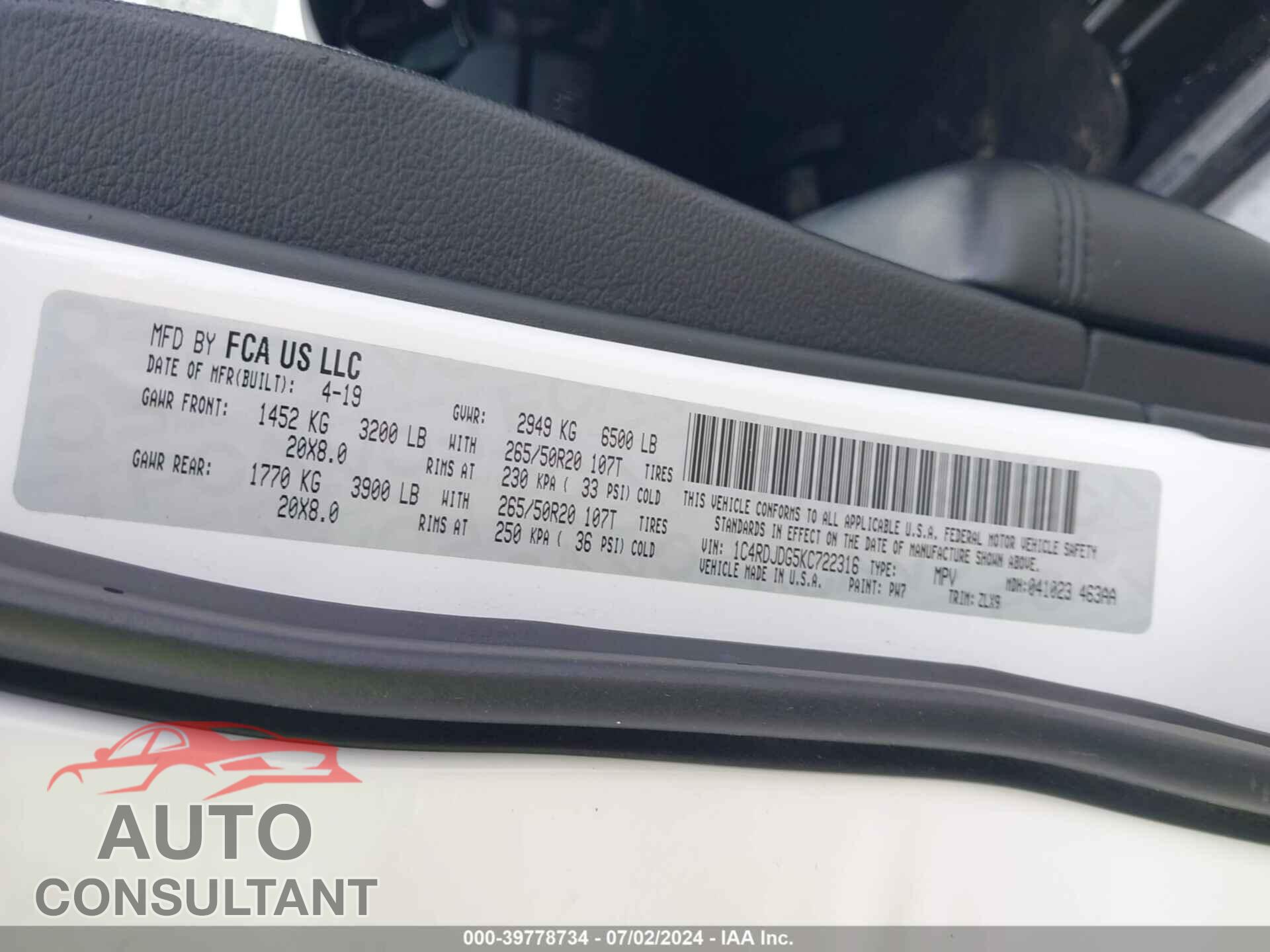 DODGE DURANGO 2019 - 1C4RDJDG5KC722316
