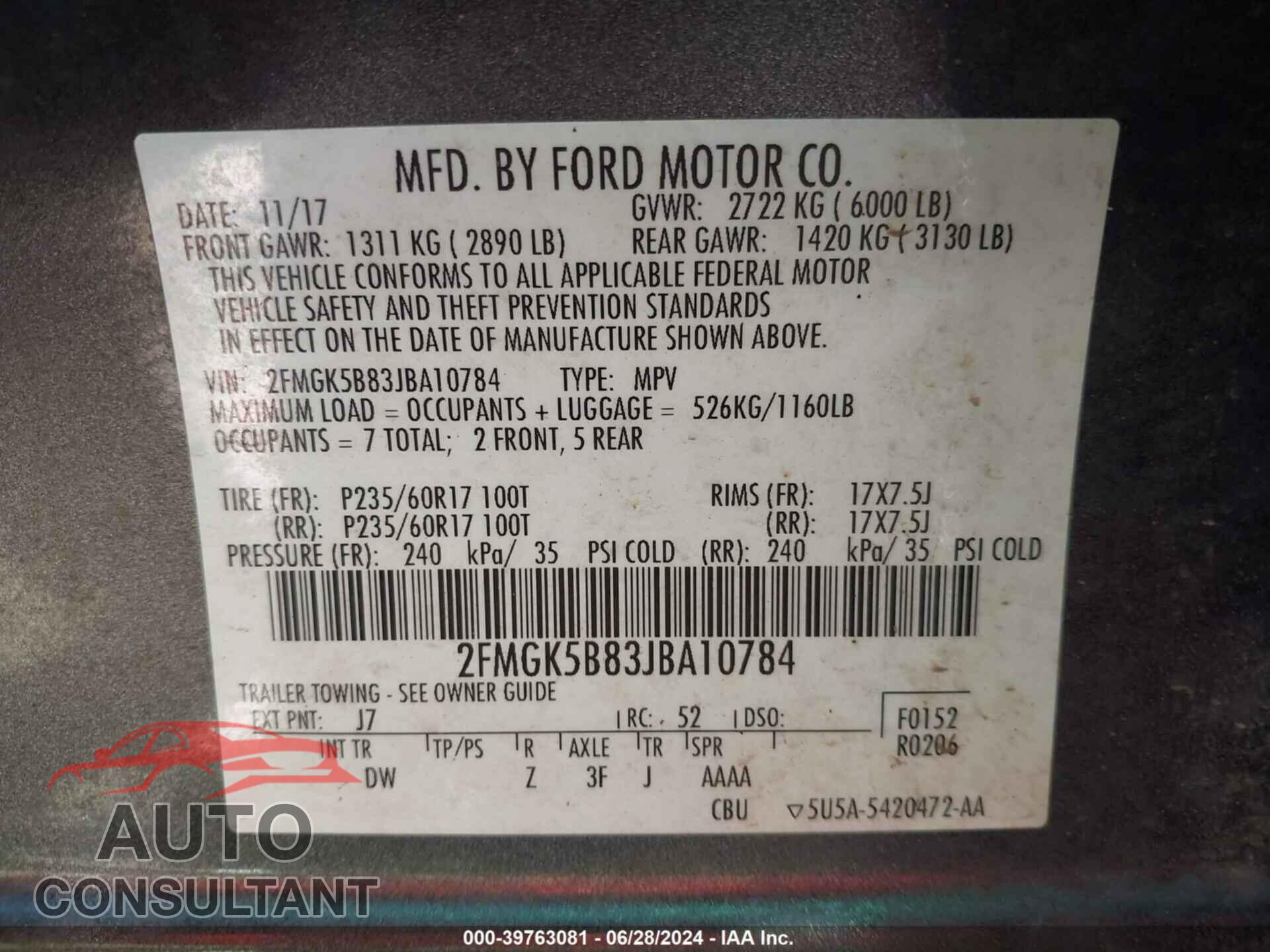 FORD FLEX 2018 - 2FMGK5B83JBA10784