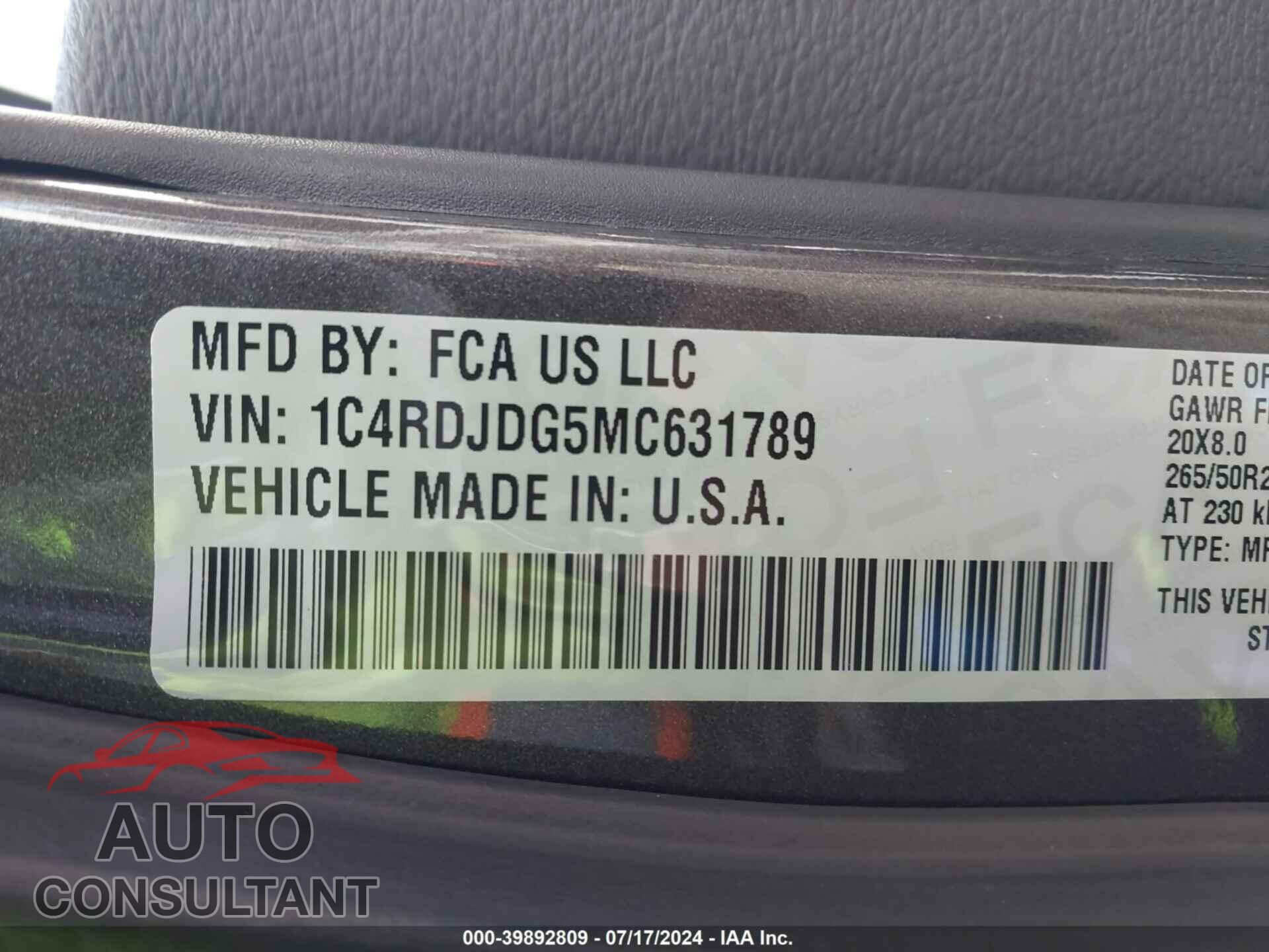 DODGE DURANGO 2021 - 1C4RDJDG5MC631789