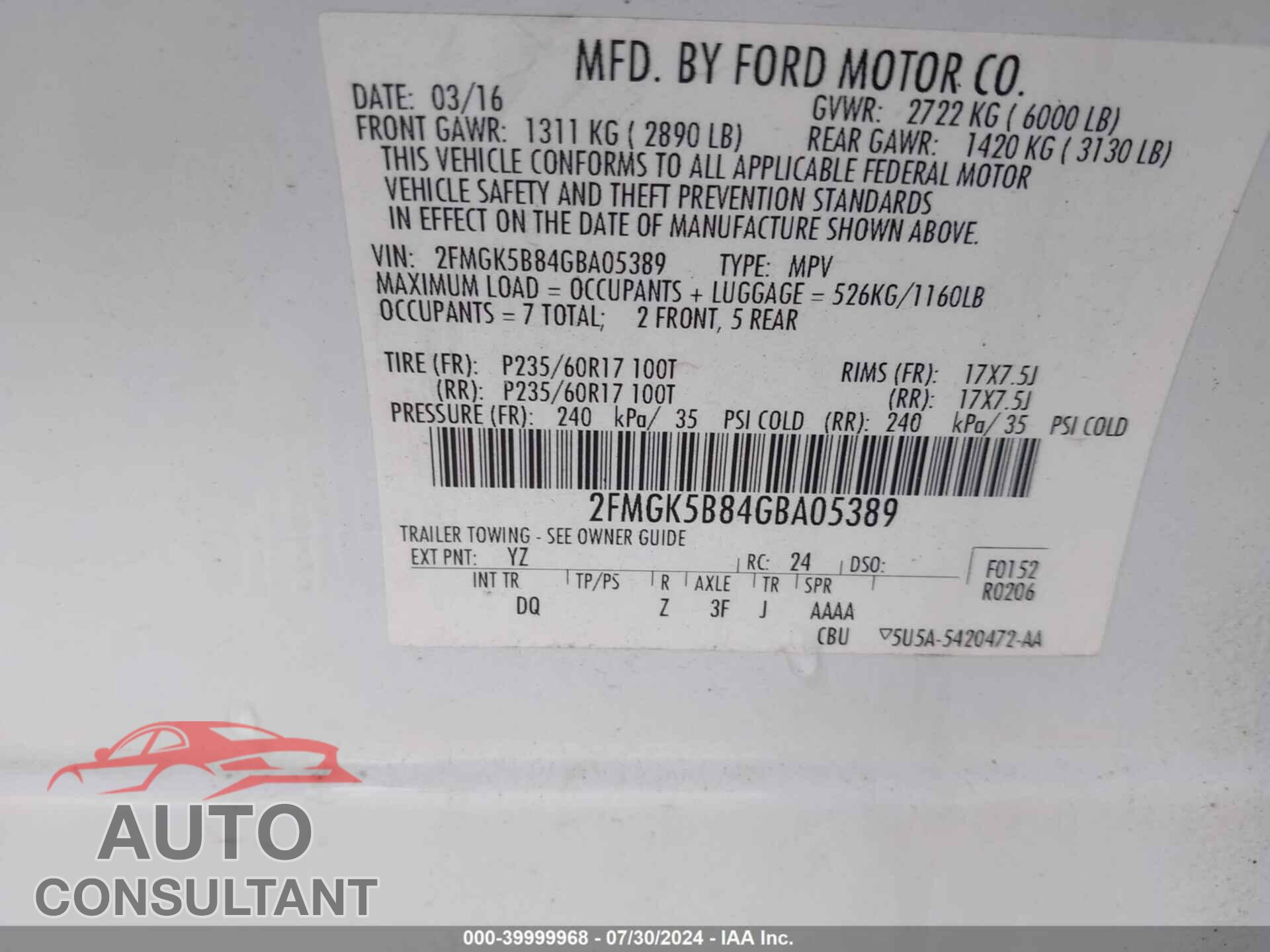 FORD FLEX 2016 - 2FMGK5B84GBA05389