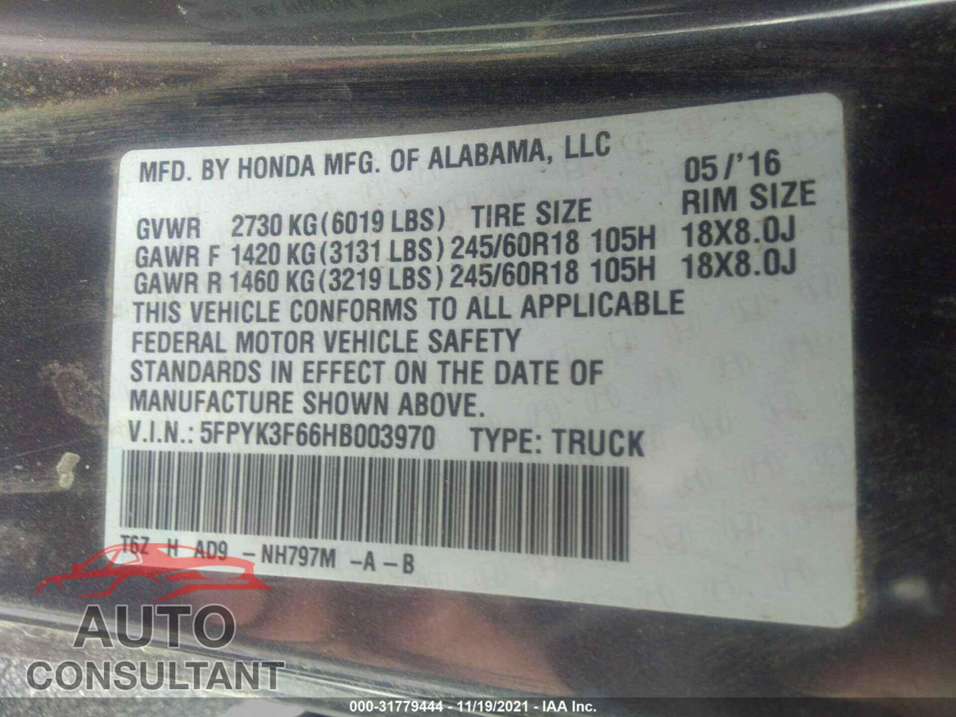HONDA RIDGELINE 2017 - 5FPYK3F66HB003970
