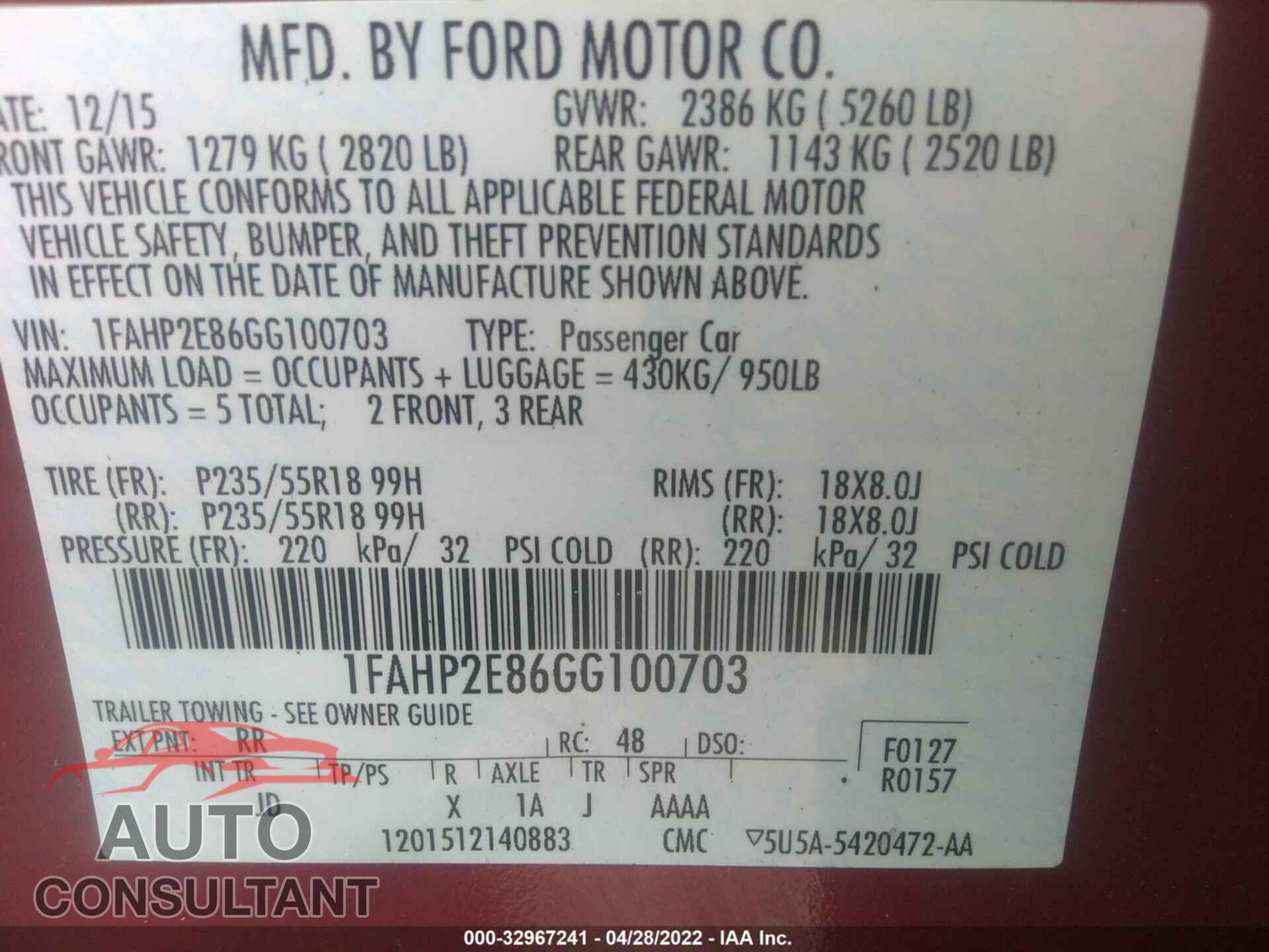 FORD TAURUS 2016 - 1FAHP2E86GG100703