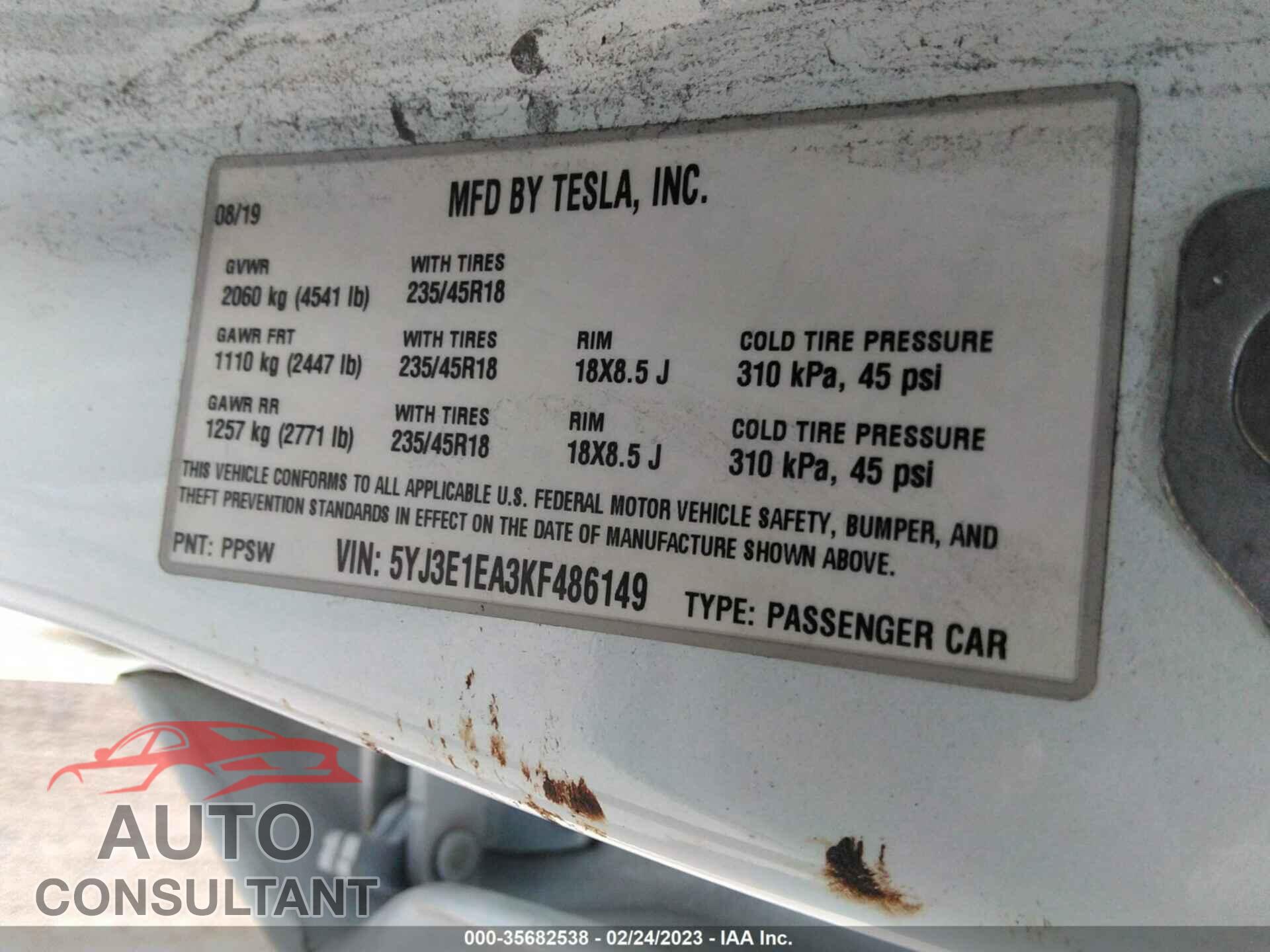 TESLA MODEL 3 2019 - 5YJ3E1EA3KF486149