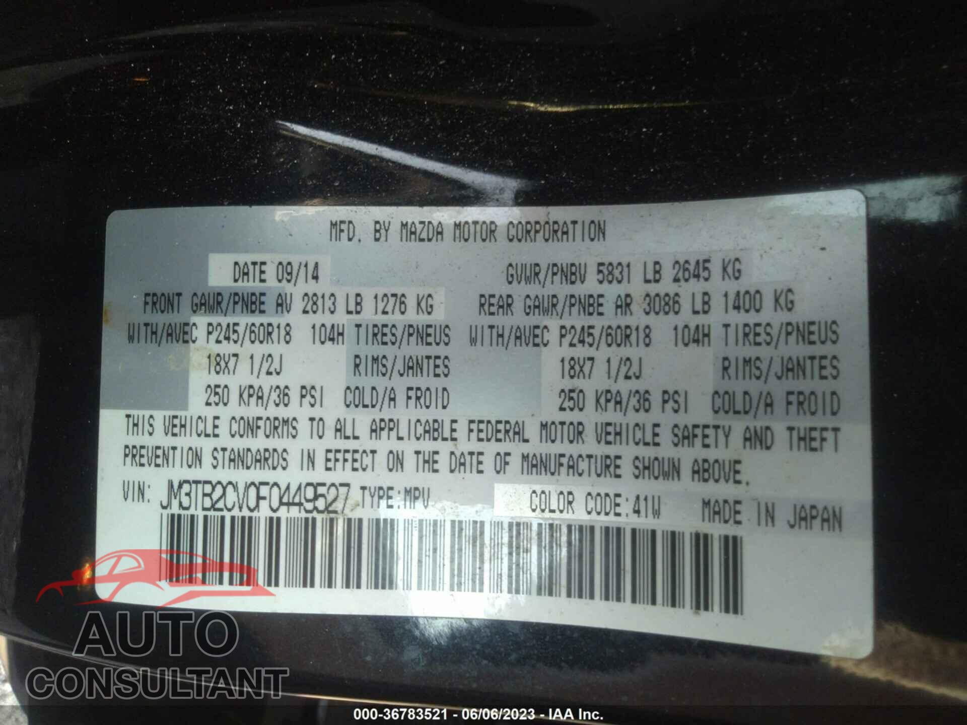 MAZDA CX-9 2015 - JM3TB2CV0F0449527