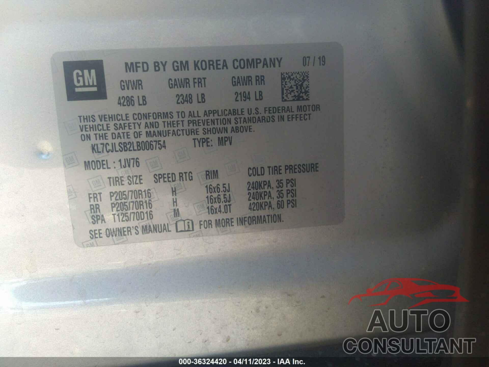 CHEVROLET TRAX 2020 - KL7CJLSB2LB006754