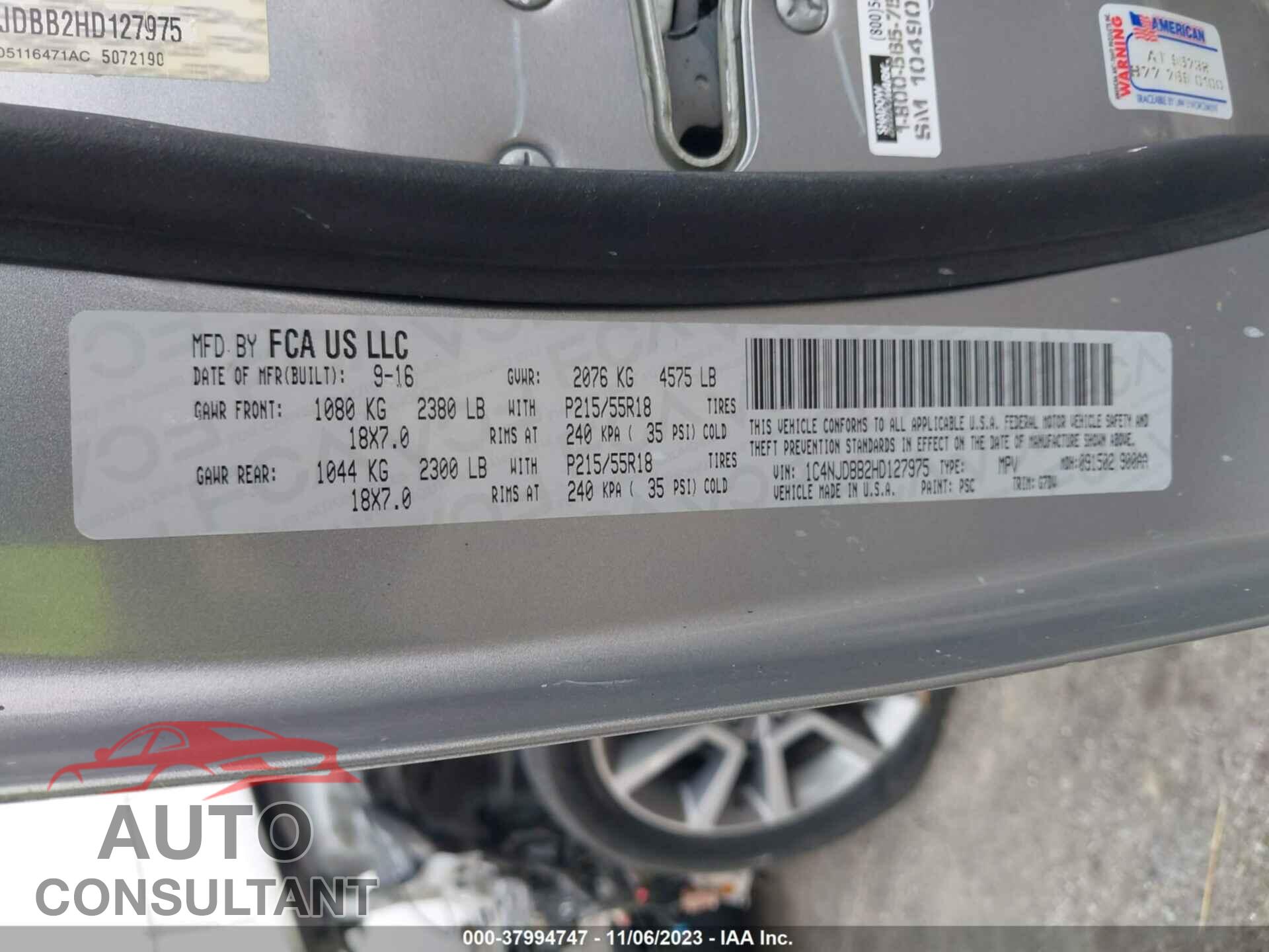 JEEP COMPASS 2017 - 1C4NJDBB2HD127975