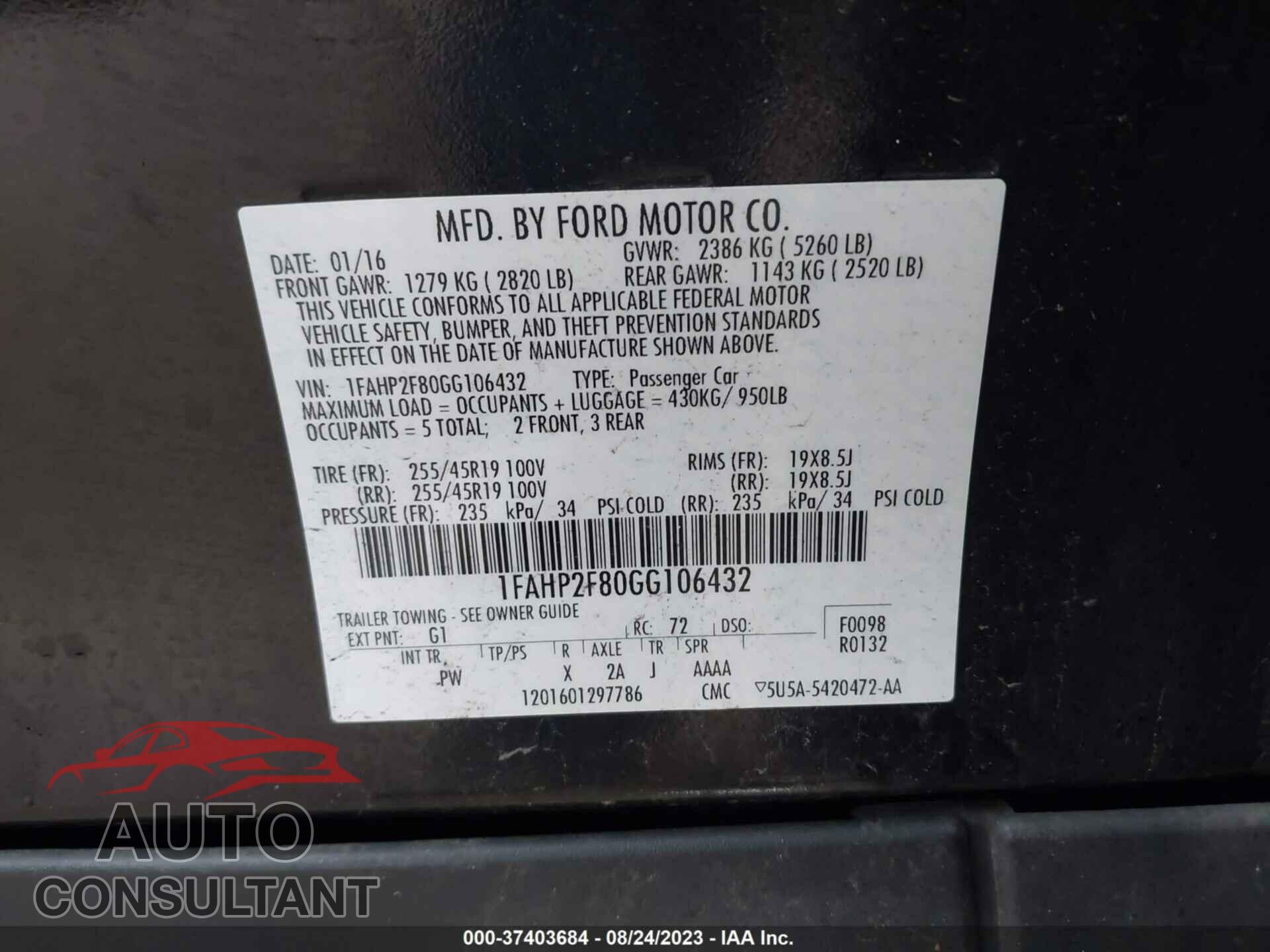FORD TAURUS 2016 - 1FAHP2F80GG106432