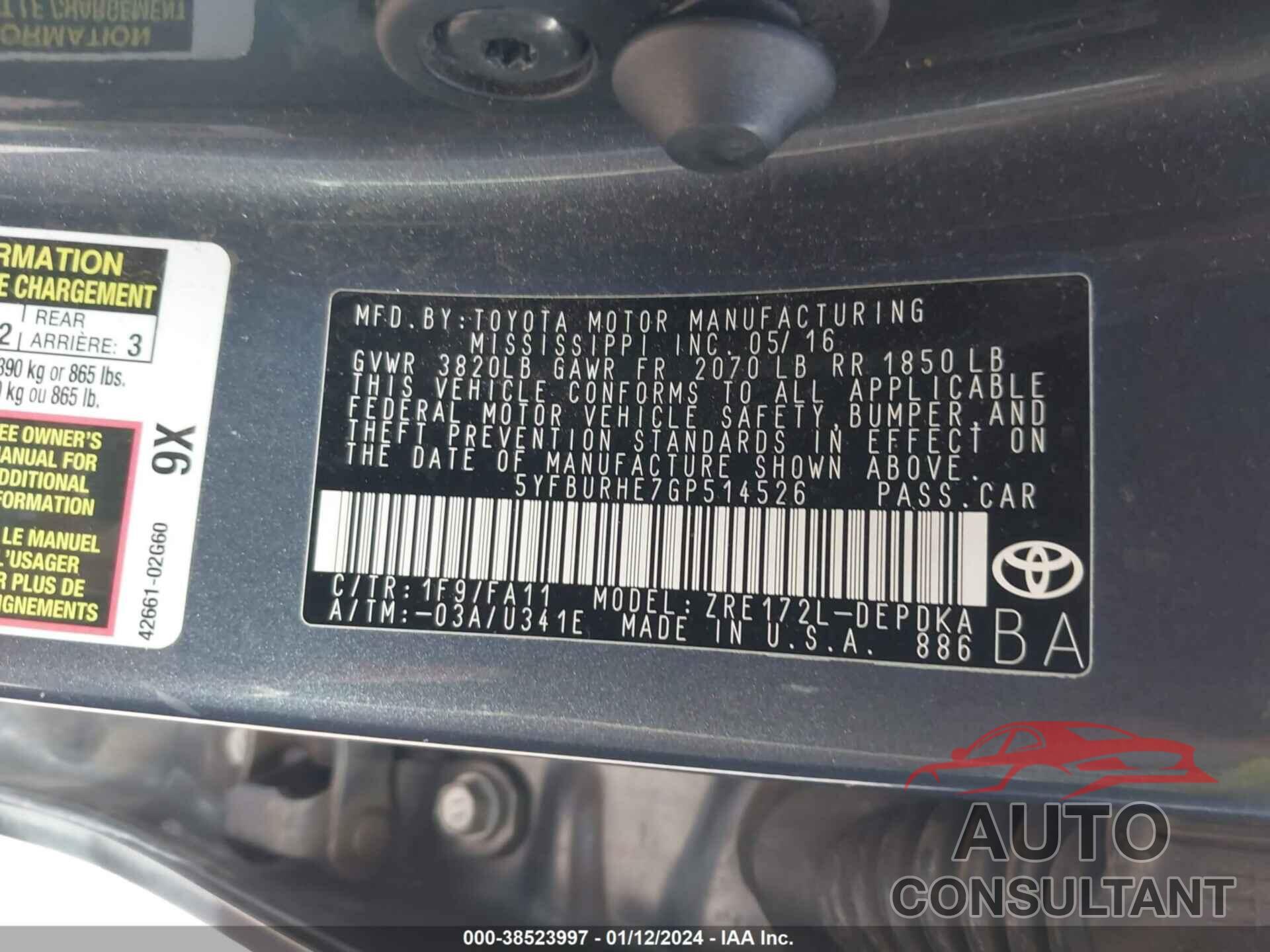 TOYOTA COROLLA 2016 - 5YFBURHE7GP514526