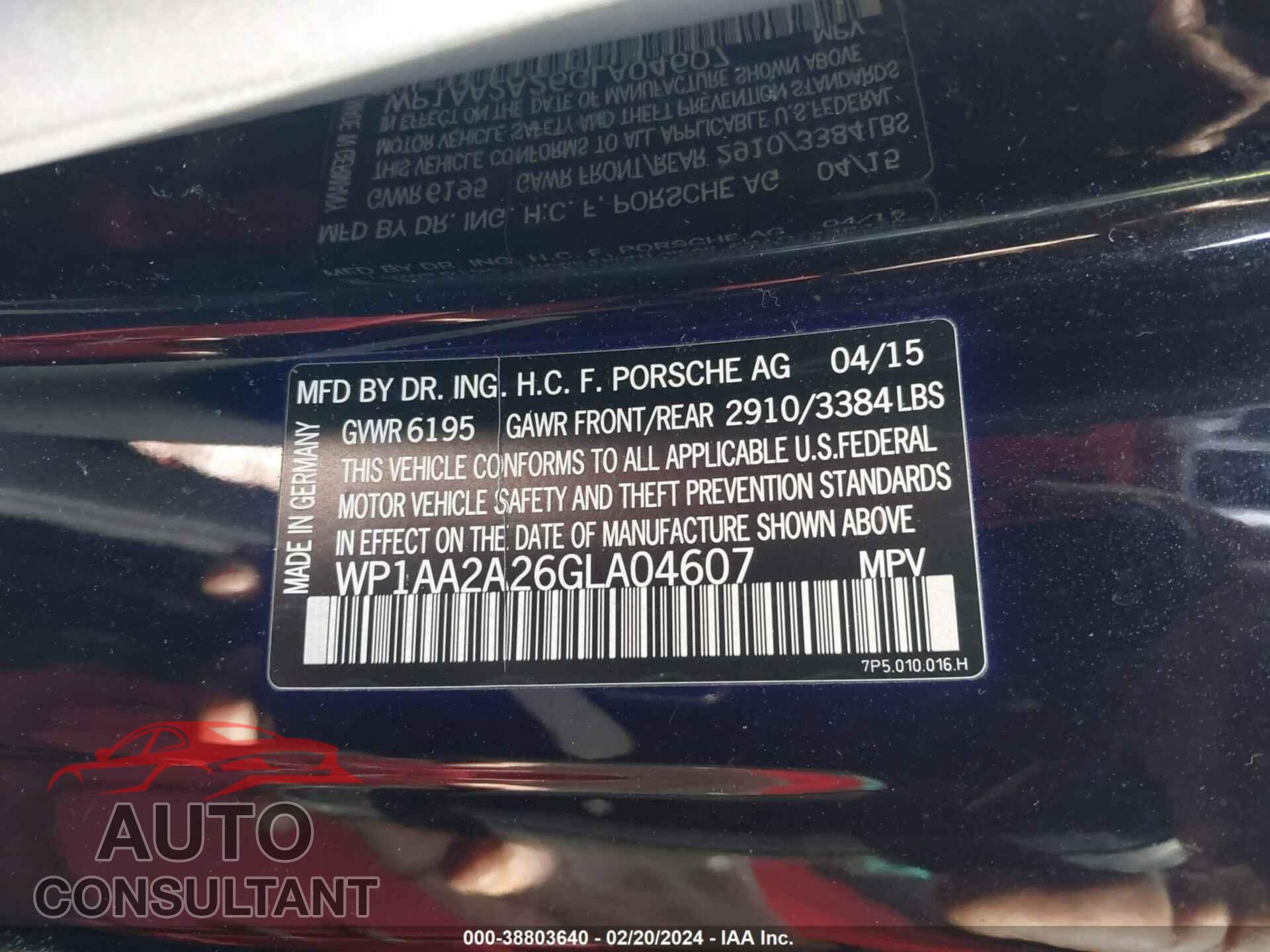 PORSCHE CAYENNE 2016 - WP1AA2A26GLA04607