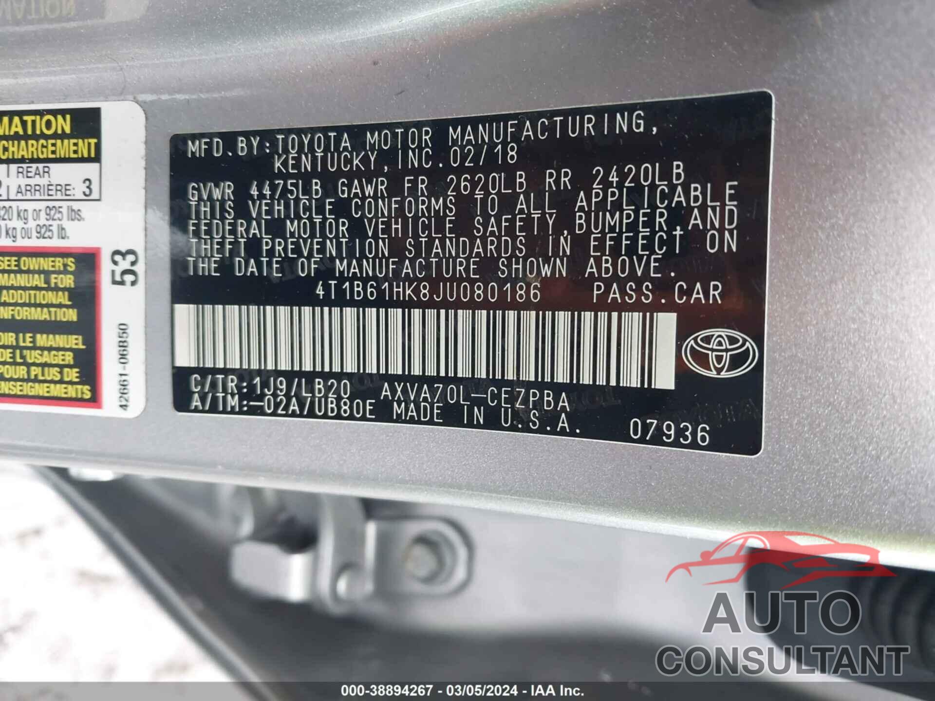 TOYOTA CAMRY 2018 - 4T1B61HK8JU080186