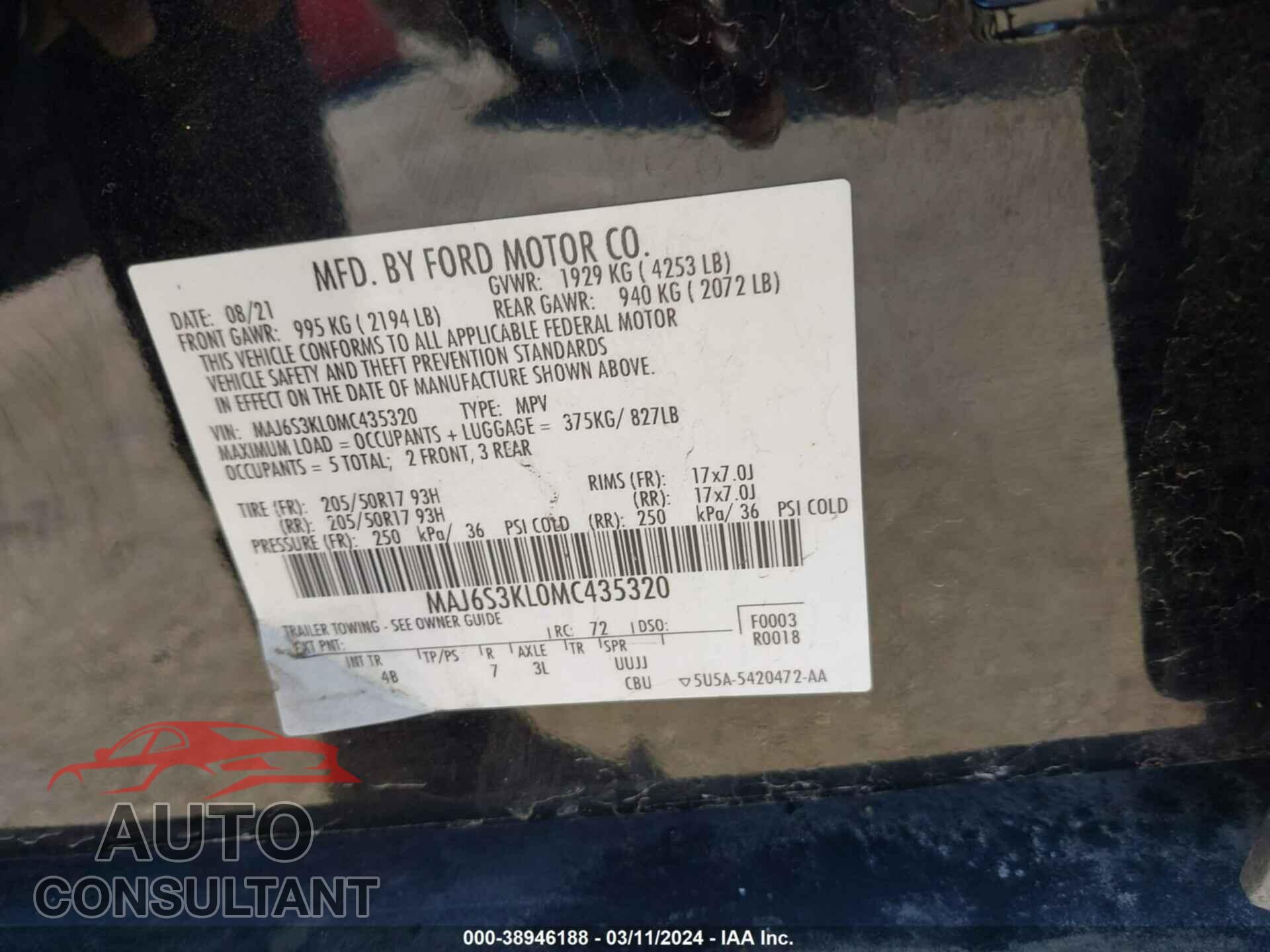 FORD ECOSPORT 2021 - MAJ6S3KL0MC435320