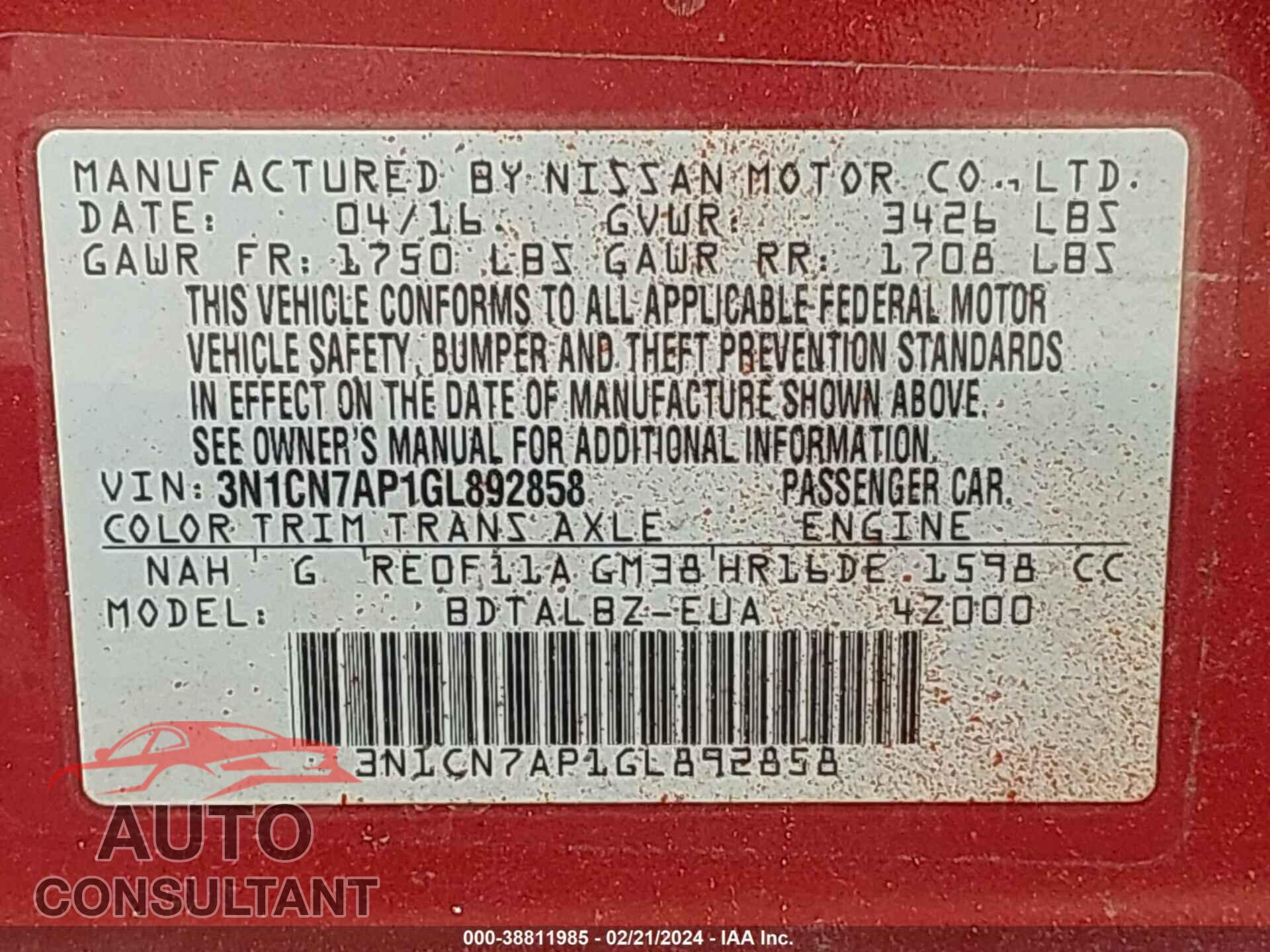 NISSAN VERSA 2016 - 3N1CN7AP1GL892858